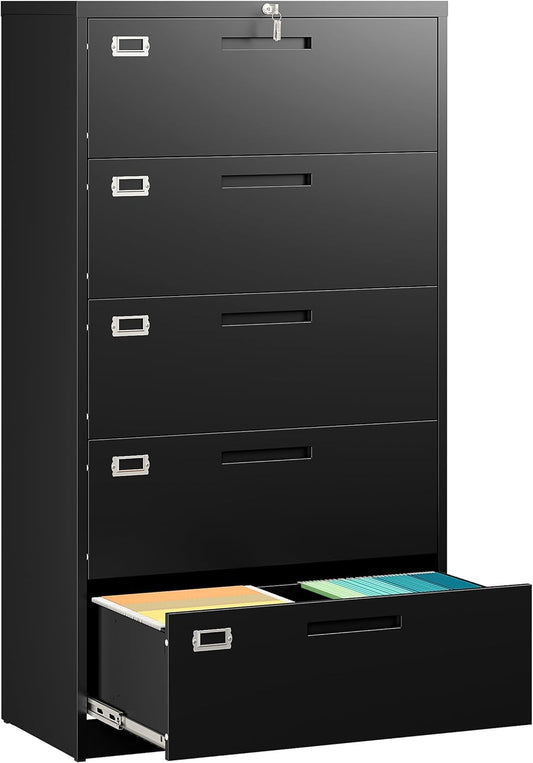 SISESOL 5 Drawer Lateral File Cabinet with Lock,Black Lateral Filing Cabinet,Horizontal Metal Filing Cabinets,Large Locked Wide Five Drawer File Cabinets for Office Home,Fit A4/F4/Letter/Legal File