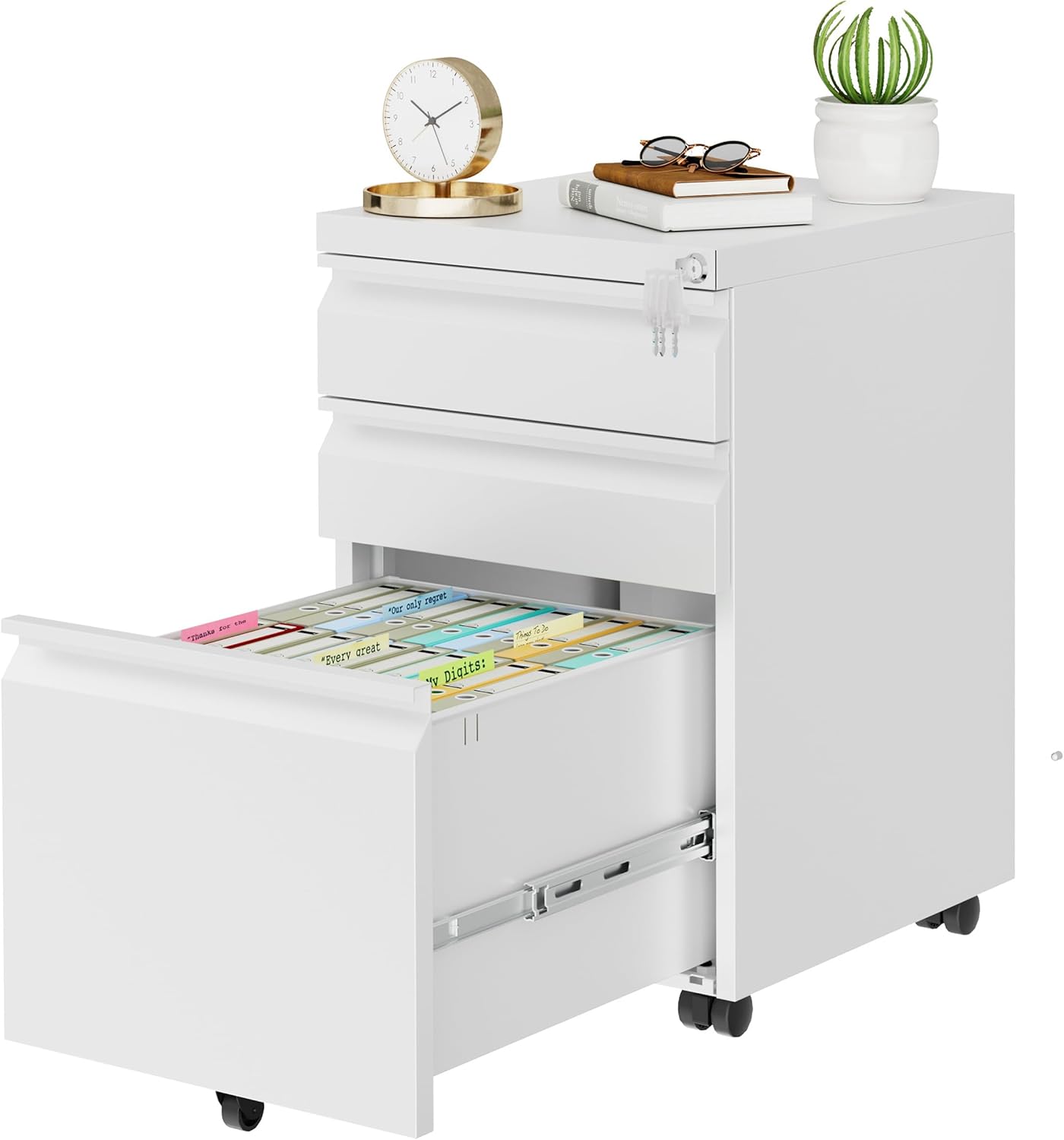 Metal Mobile File Cabinet with Lock and 4 Keys - Fully Assembled, Under Office Desk 3 Drawers Filing Cabinet for Home Office with Anti-tilt Wheels, A4/Legal/Letter Hanging File Drawers
