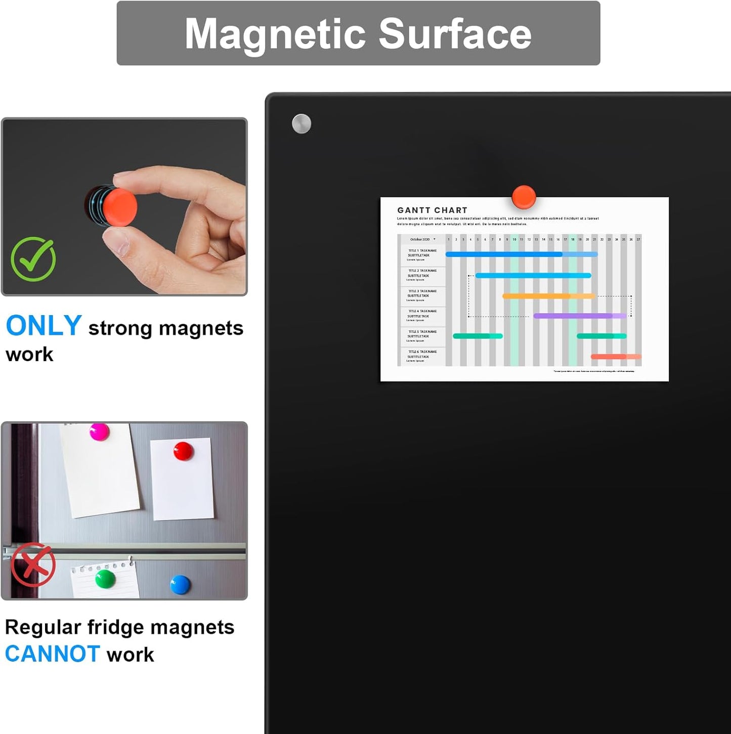 Large Black Glass Dry Erase Board, 72 x 48 Inches Magnetic Glass whiteboard,6' x 4' Frameless Blackboard for Office,Home,School