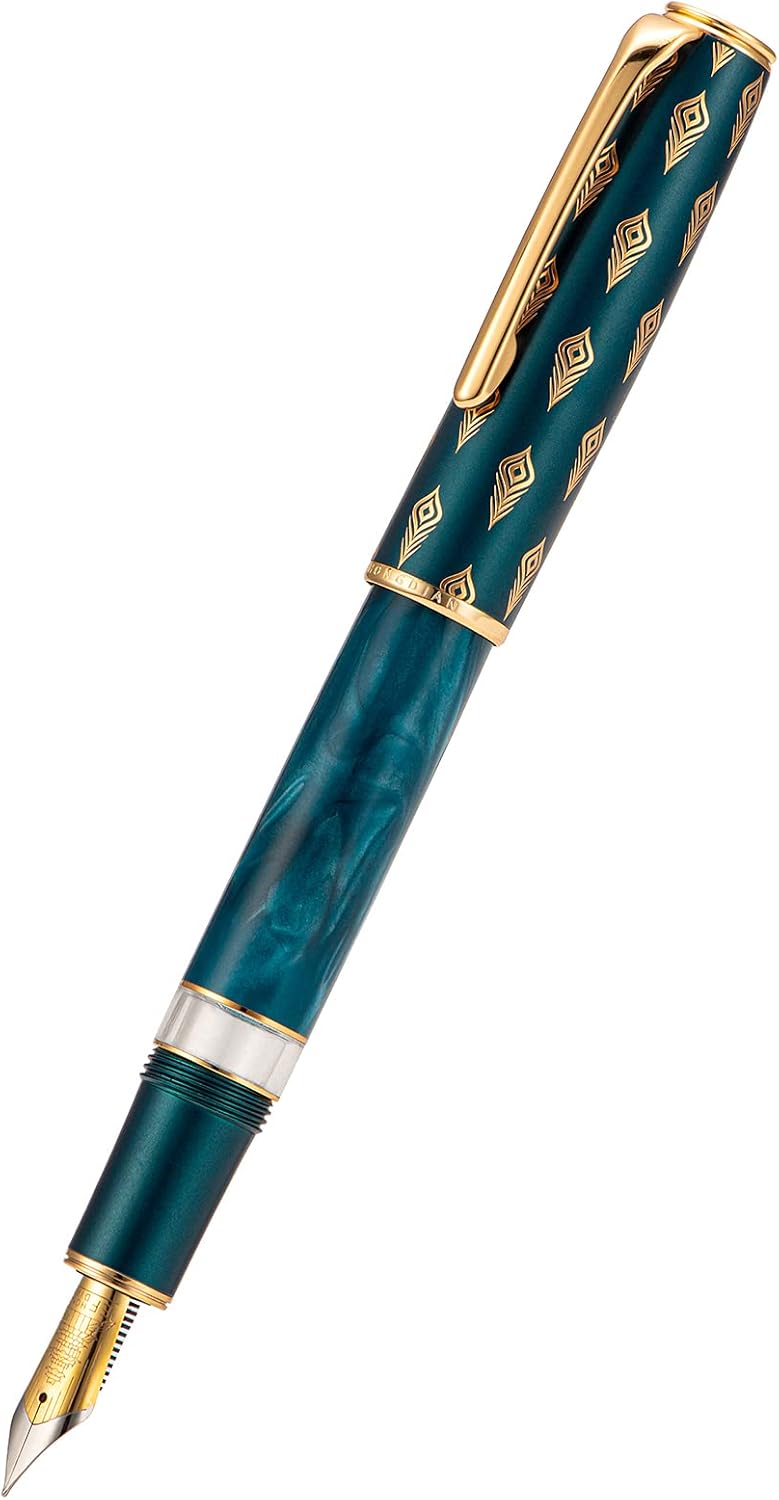 Hongdian N7 Blue Peacock Resin Piston Fountain Pen, Iridium Long Blade Fine Nib Classic Pen, Smooth Writing Pen with Metal Box