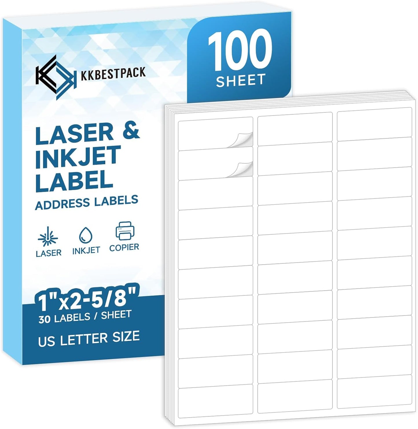 KKBESTPACK Label Sticker, Address Labels – 30 Up Shipping Labels 1” x 2-5/8” Self-Adhesive Barcode FNSKU Stickers for Inkjet and Laser Printer (100 Sheets / 3000 Labels) (KK30)