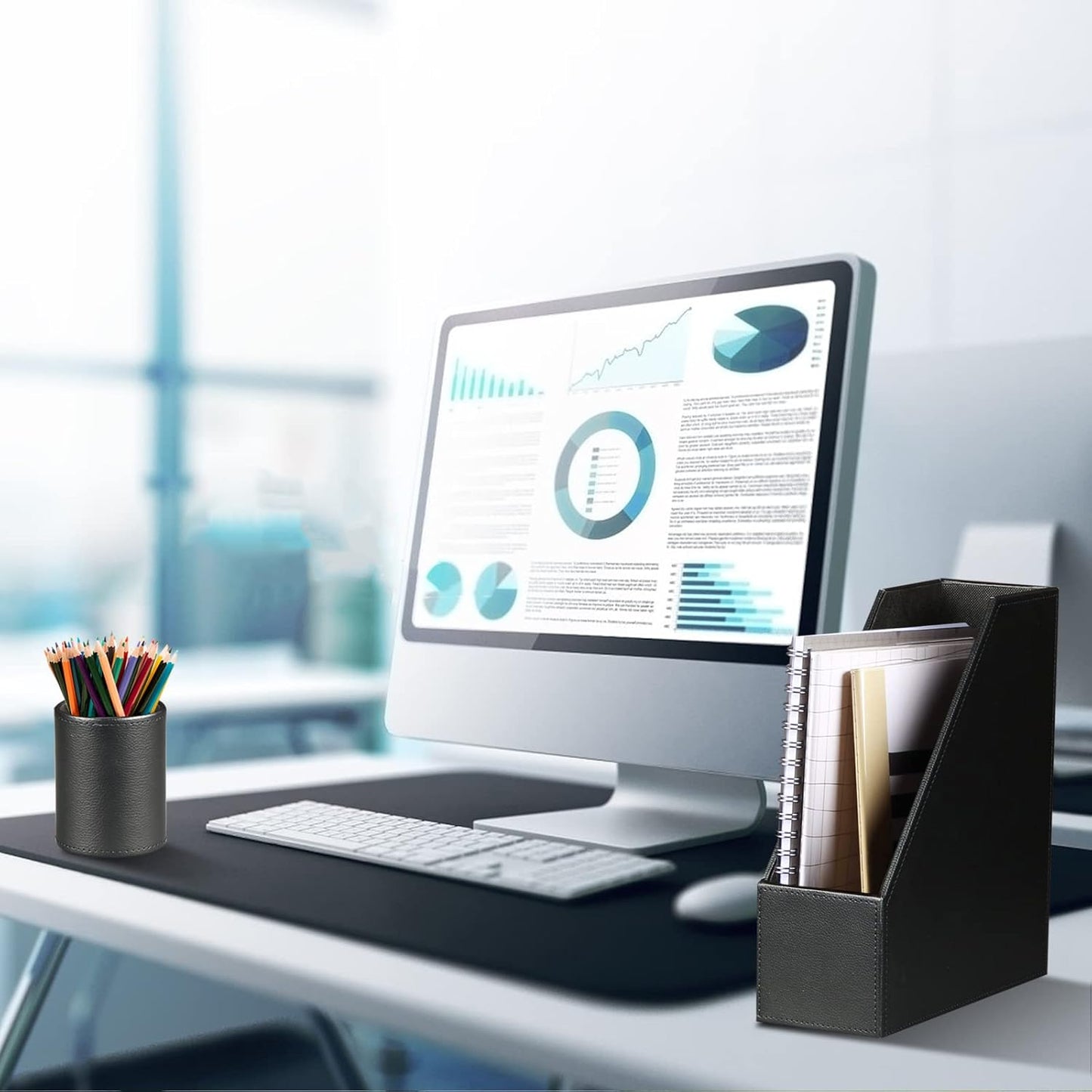 Ayunga PU Leather 6-piece Office Supplies Combination Set,Pencil Cup,Business Card Holder,Sticky Note Dispenser,Mail Sorter,Letter Tray,Files Holder,Suitable for Self-use and Friend Gifts(Black)