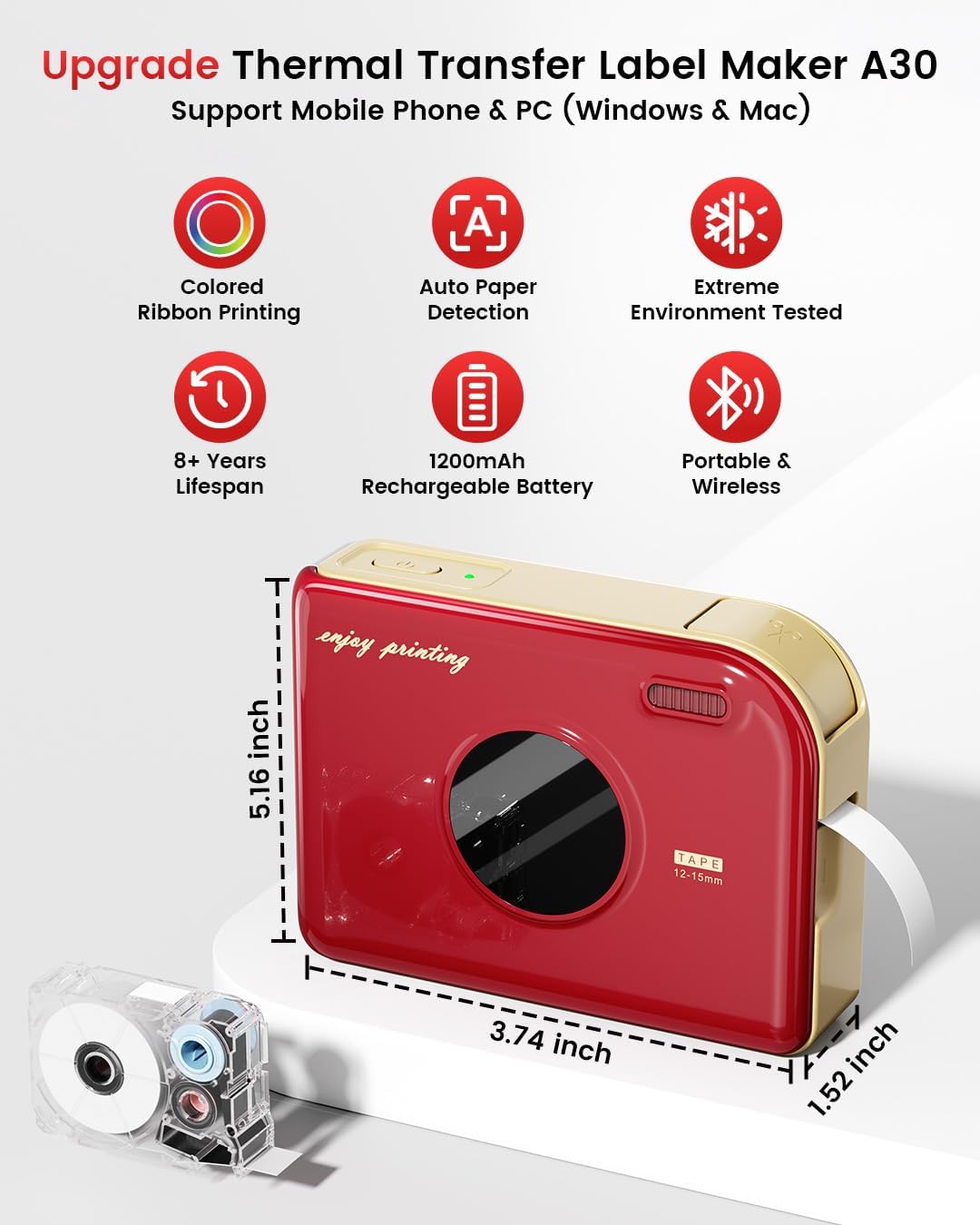 Phomemo A30 Label Maker, Mini Bluetooth Label Printer Thermal Transfer Printing Sticker Printer for Home Office Small Business School Students, Portable Label Maker, Works with Tablet, Phones & PC