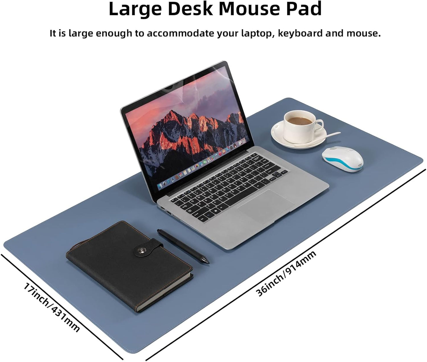 Faux Leather Desk Pad Blotter,Water and Slip Resistant Writing Desk Protector Mat,Blue Large Mouse Pad for Desktop/Office Home Table Cover,36x17 in