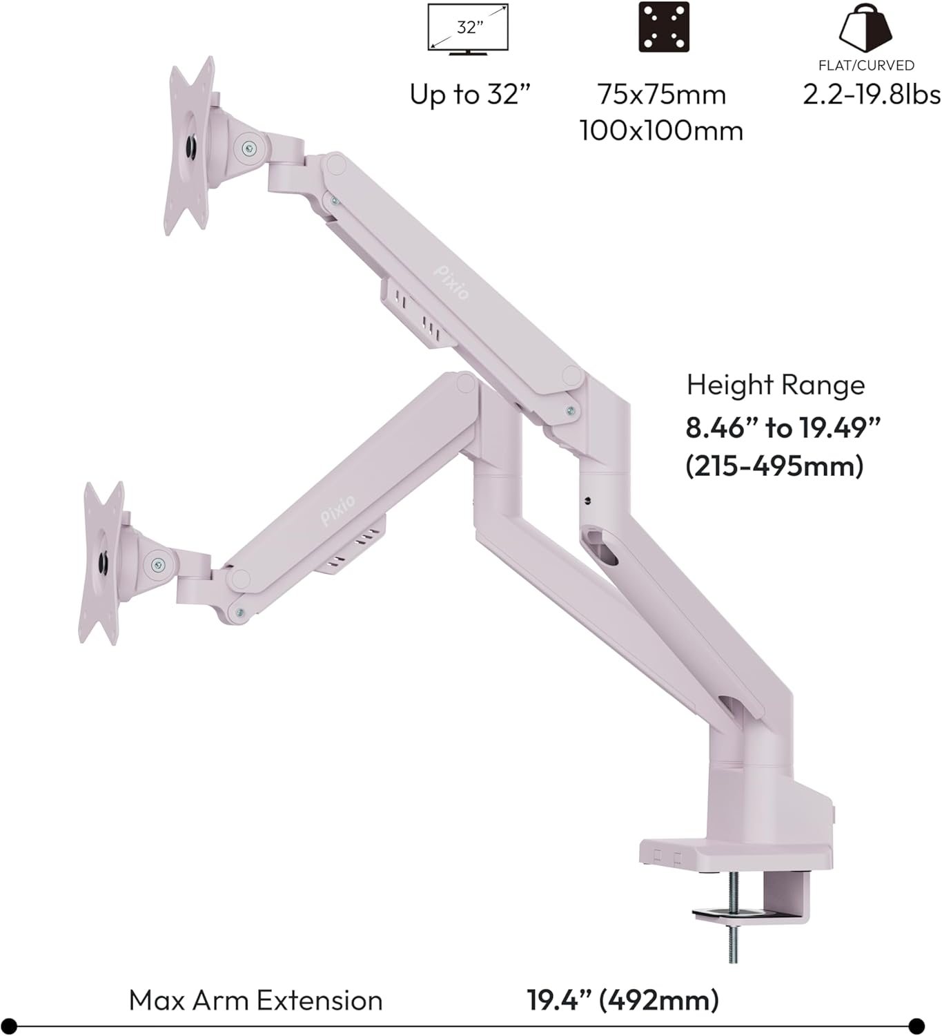 Pixio PS1D Wave Pink Dual Monitor Arm Stand Desk Mount - Fits up to 32 inches Monitors and up to 19.8lbs. VESA Compatibility and Integrated Cable Management