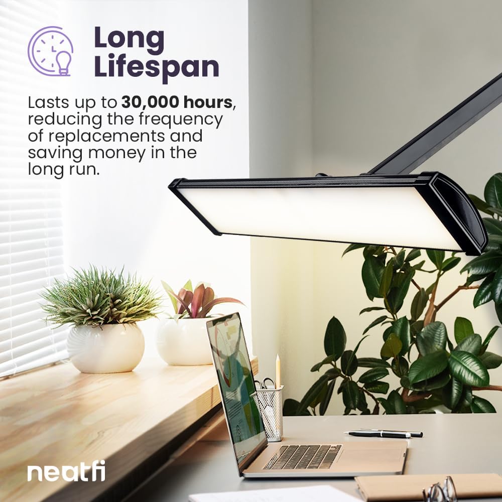 Neatfi Ultra 3,500 Lumen LED Desk Lamp, Color Correlated Temperature, 3 Light Modes, Dimmable, 45W, 26 Inch Wide Metal Shade, 540 SMD LEDs (CCT with Base, Black)