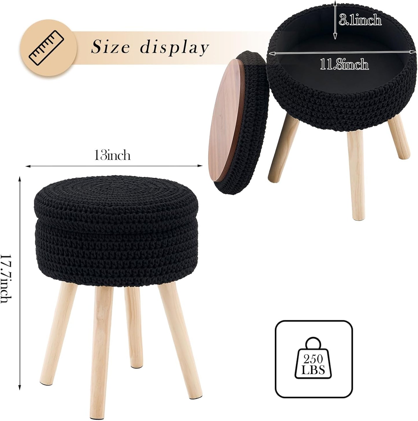 Round Foot Stool Ottoman with Storage Footrest with Wood Legs Cotton Knitted Vanity Stool Tray Top Coffee Table Multifunctional Upholstered Footstool for Living Room Bedroom Black