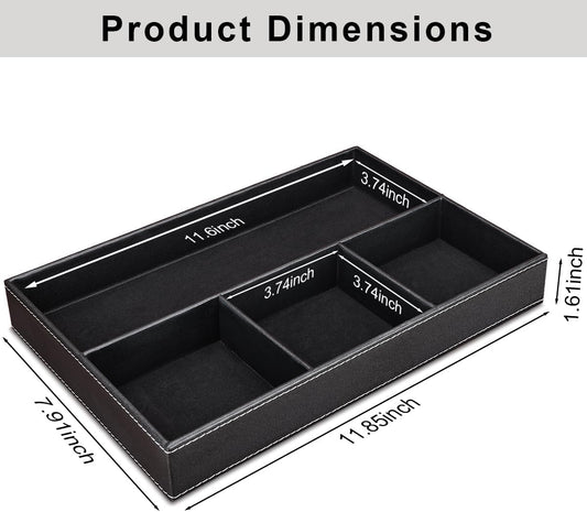 KINGFOM Pu Leather Desk Organizer Tray, 4 Compartment Office Storage Supplies Stationery Drawer Tray, Nightstand Bedside Tray for Key, Wallet, Sunglass, Watch, Coin, Phone Valet Tray Stackable Black