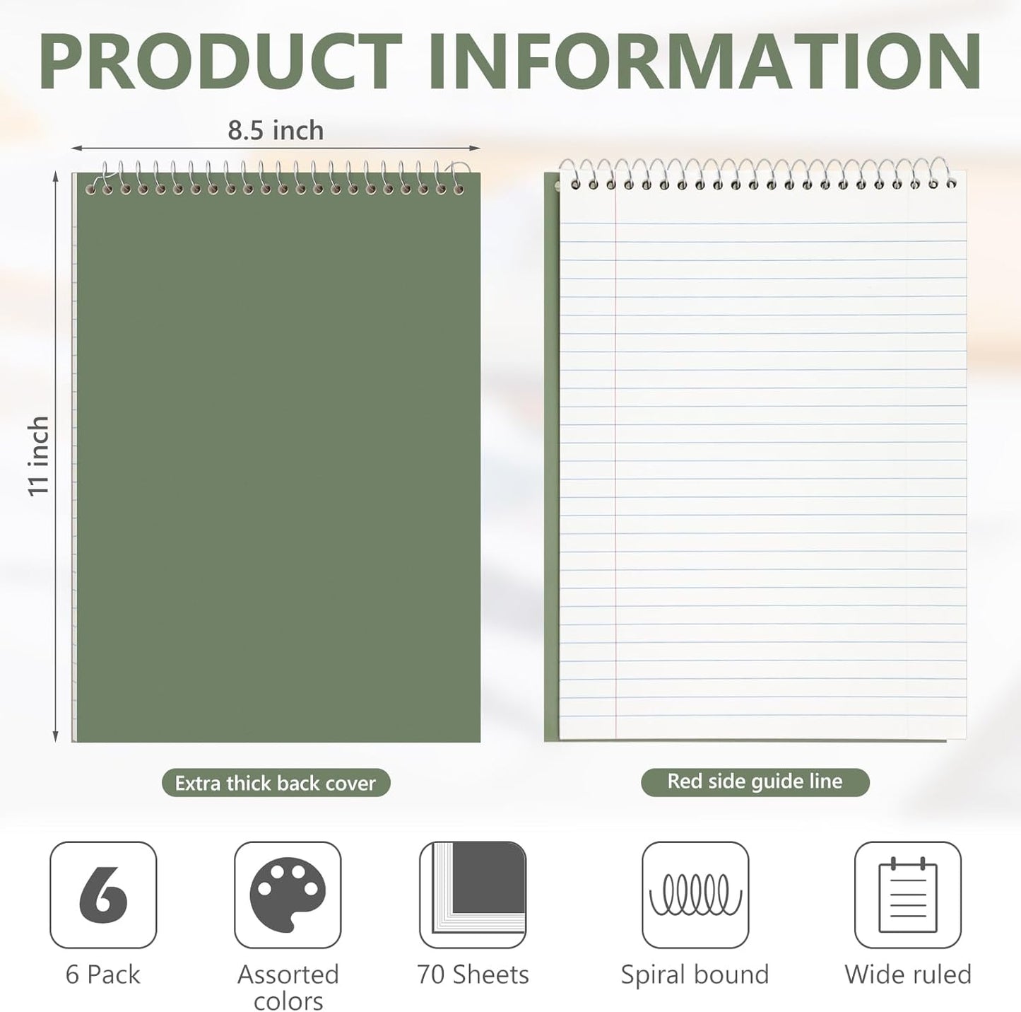 6 Pack 8.5 x 11'' Top Bound Office Steno Book Wide Ruled Double Sided Spiral Notebooks Reliable White Paper 70 Sheets/Pad Pastel Colors Covers for Writing School Notes(Classic Color)