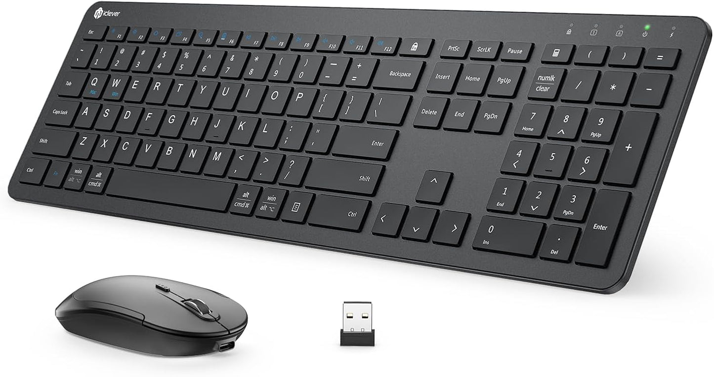iClever Wireless Keyboard and Mouse, GK08 Rechargeable Keyboard Mouse Combo, Ergonomic, Quiet, Full Size Design with Number Pad, 2.4G Connection for Mac, Windows and Computer