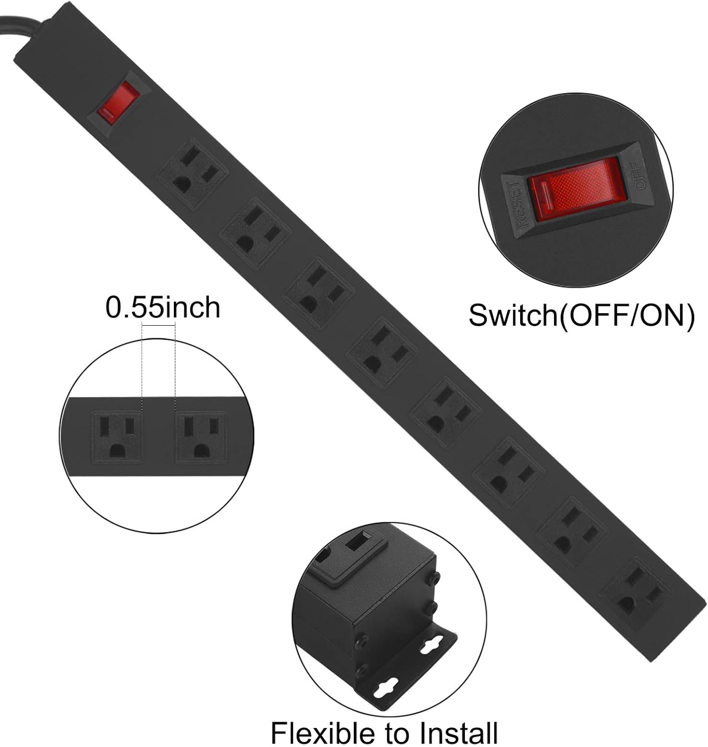 Metal 8 Outlet Mountable Power Strip, Wall Mount Outlet Heavy Duty, Wide Spaced Commercial Shop Power Strip with Switch, 3 FT SJT 14AWG Power Cord.(3FT)