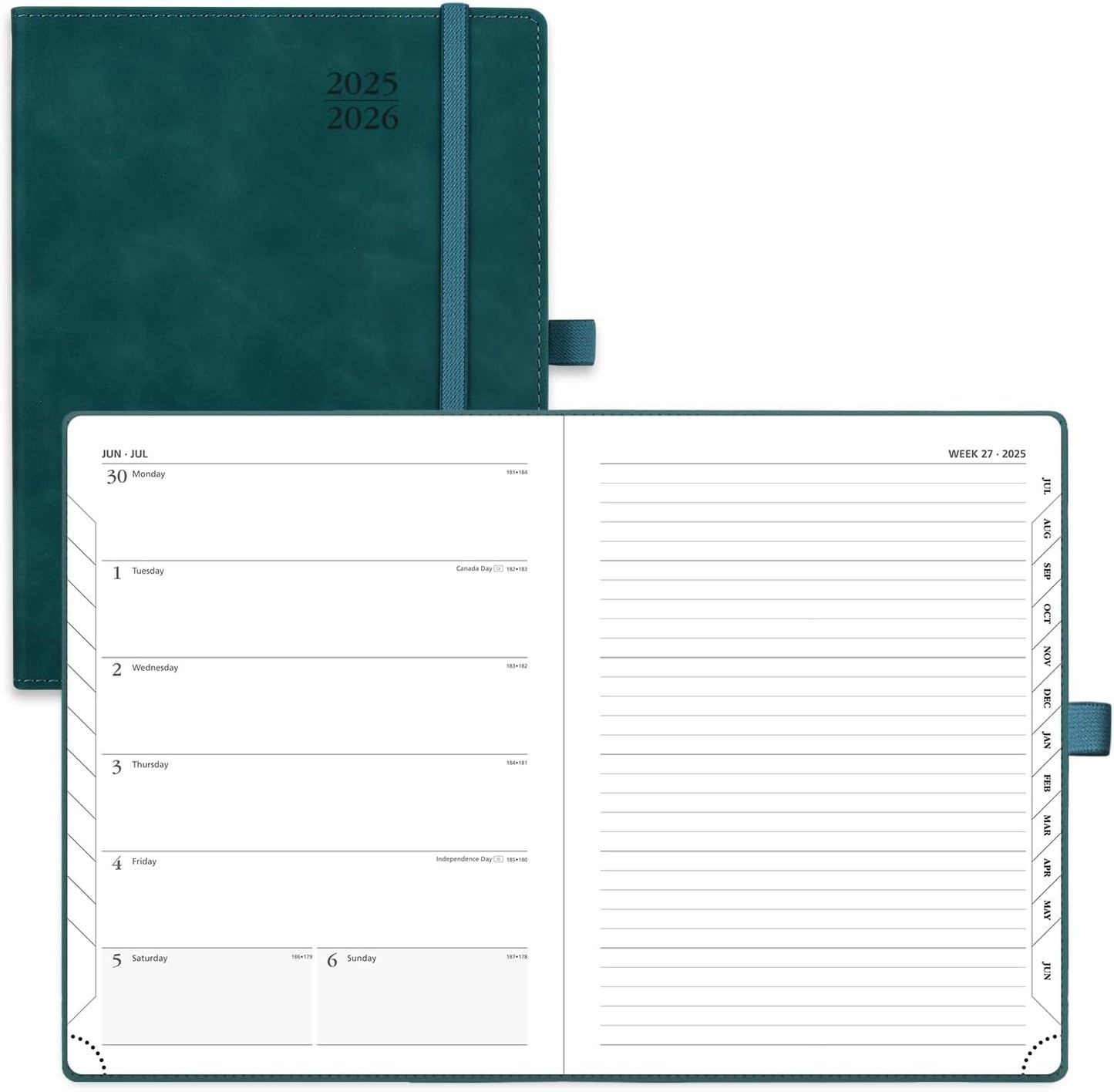 POPRUN Planner 2025-2026 Weekly Notebook (Medium 6.5''x 8.5'') Academic Calendar (JUL.25 - JUN.26) Appointment Book with Monthly Tabs, Leather Soft Cover, Inner Pocket, 100 GSM - Petrol Green