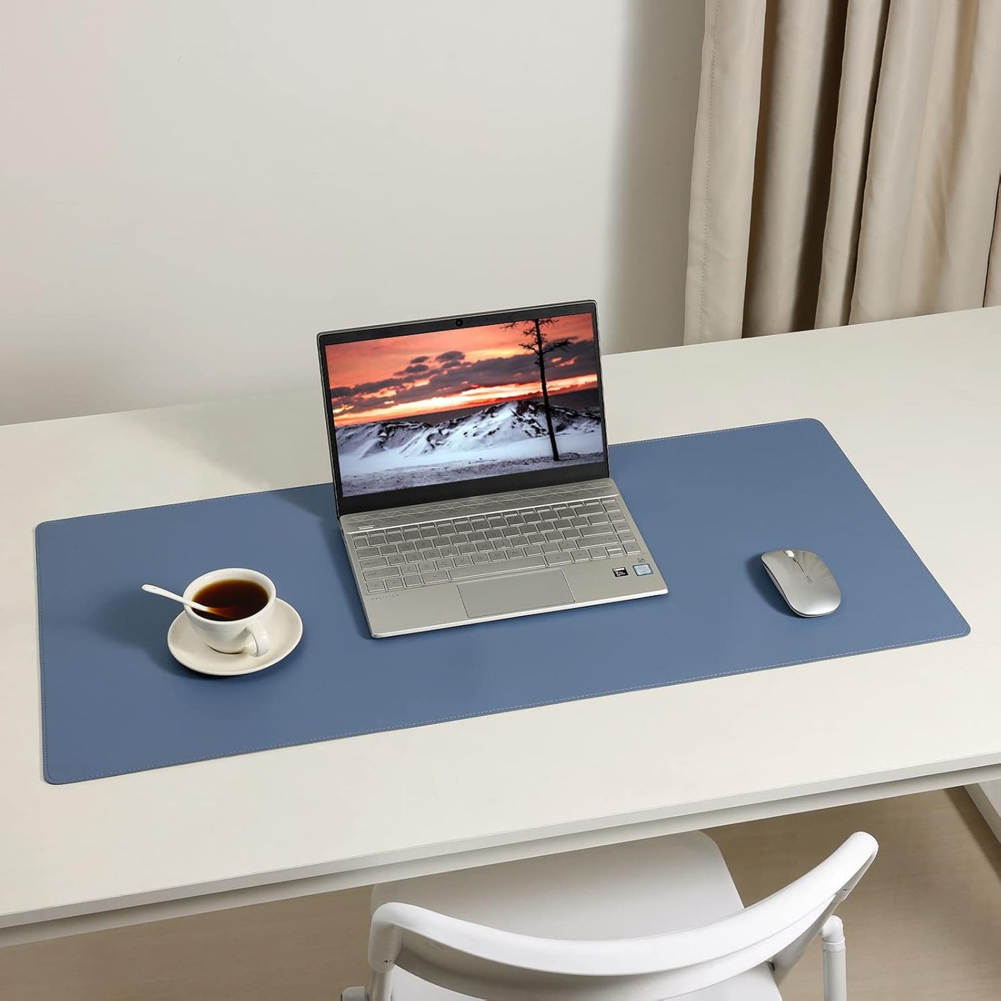 Faux Leather Desk Pad Blotter,Water and Slip Resistant Writing Desk Protector Mat,Blue Large Mouse Pad for Desktop/Office Home Table Cover,36x17 in