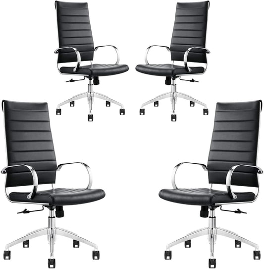Ribbed High Back Conference Room Chairs- Lumbar Support, Modern Style Executive Chair for Home and Office - 360 Swivel Rolling Wheels - Aluminum Chrome Frame & Base - Black (Pack of 4)