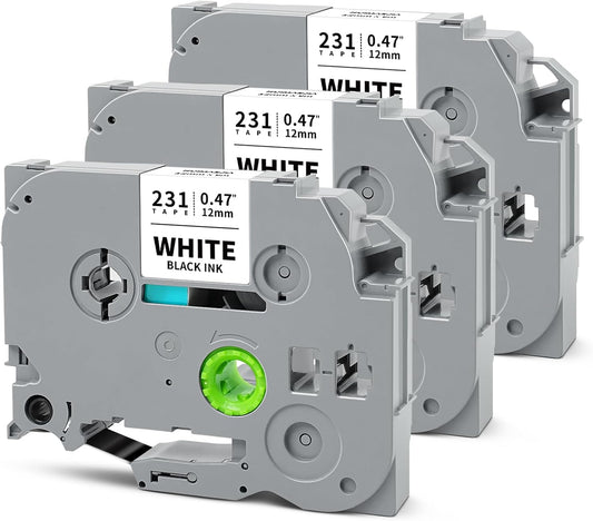 3-Pack Tze-231 12mm 0.47" White Label Maker Tape Compatible for Brother P Touch Label Tape Tze Tz 12mm 0.47" Laminated White Tze231 1/2" for PTouch PT-D220 PT-D210 PT-D200 PTD400 PT-D610BT