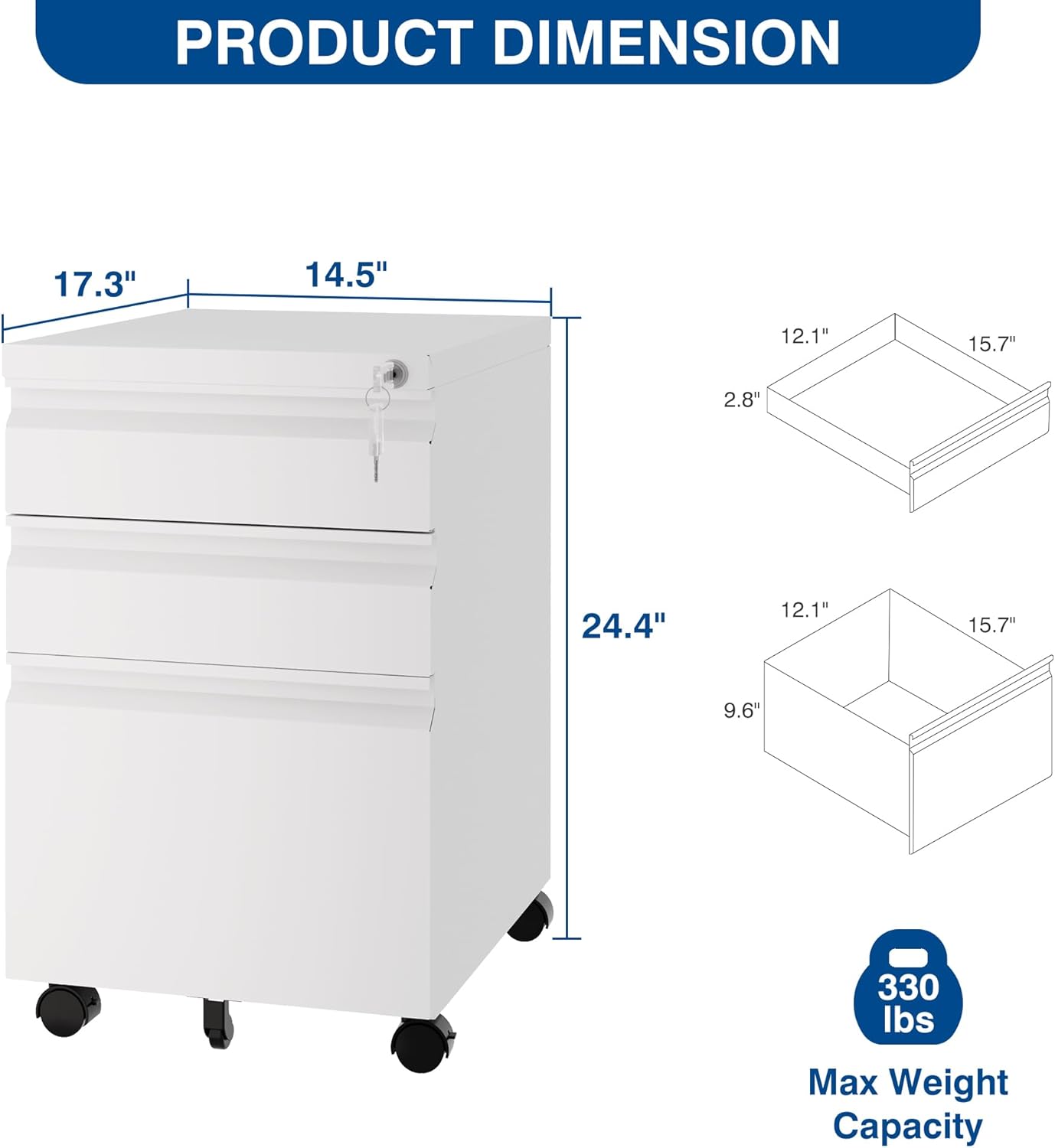 3 Drawer Mobile Metal File Cabinet, White Filling Cabinets with Lock, Pre-Built Office Storage File Cabinet with Wheels Under Desk - Assembled Required