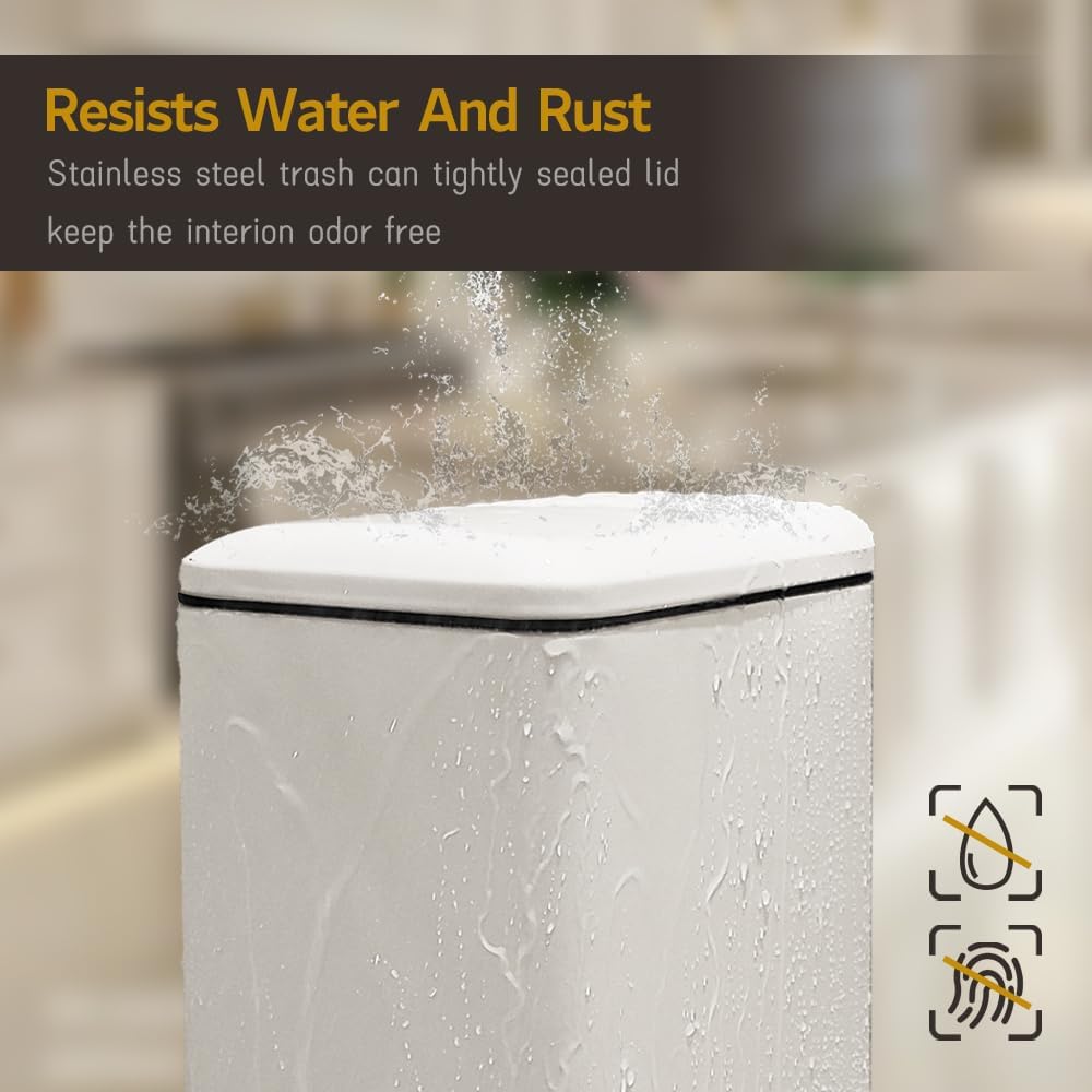 Bathroom Trash Can, 2.6 Gallon Trash Can with Lid, Stainless Steel Pedal Trash Bin with Removable Liner for Bathroom, Bedroom, Kitchen, Office,10 Liter White Garbage Can