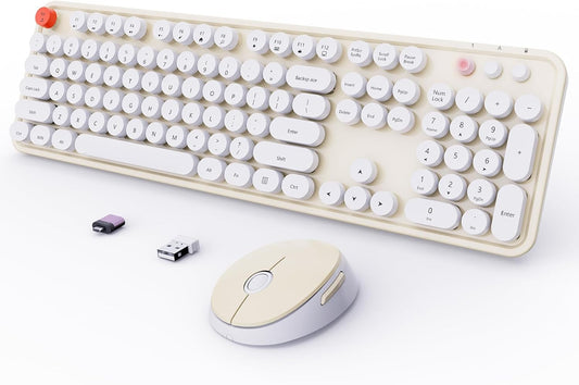 Wireless Keyboard and Mouse Combo, Ergonomic Full Size Typewriter Retro Round Keycaps Keyboard, Compatible with Windows, PC, Perfer for Home and Office Keyboards (Beige