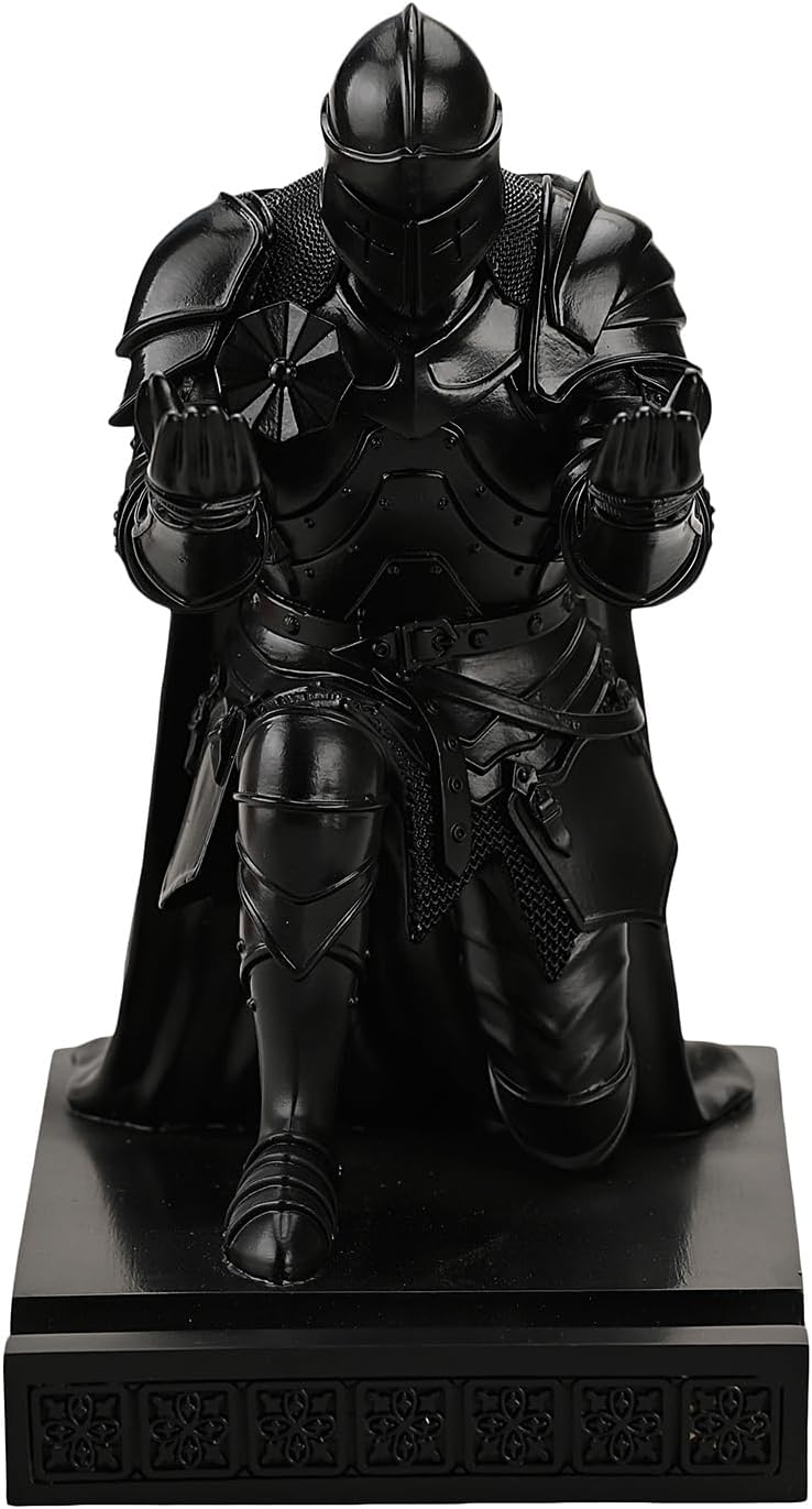 Medieval Armored Warrior Wearing Outerwear, Mobile Phone Stand Knight Pen Holder Desk Organizers, Resin Bookends Paperweight with a Letter Opener for Desk (Black)