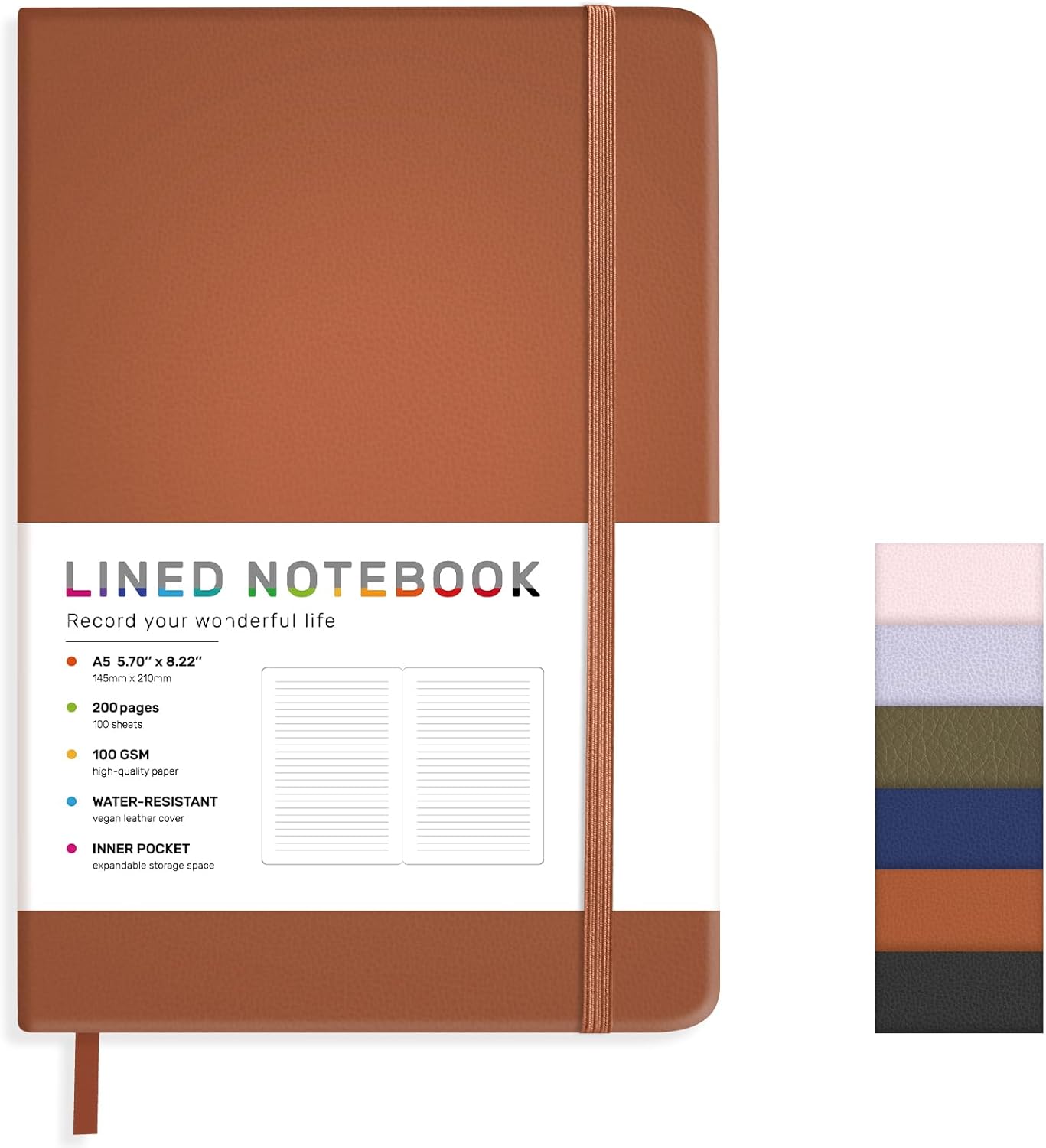 Lined Journal Notebook for Women Men, 200 Pages A5 Hardcover Leather Journals 5.7” x 8.3”, A5 College Ruled Notebooks with 100 GSM Thick Paper for Writing,Travel,School,Office,Work,Business(Brown)