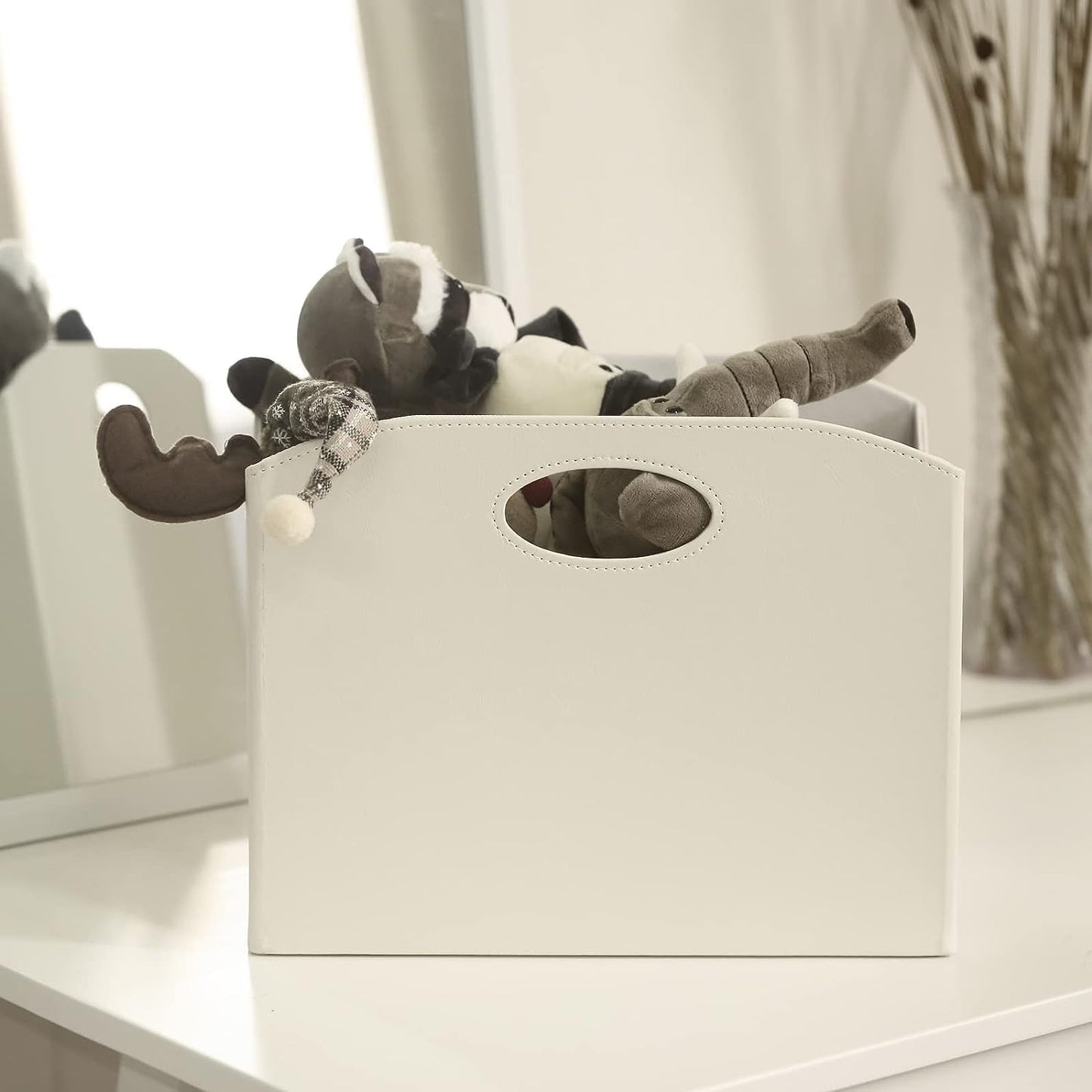 EZDeco Magazine Holder Foldable Magazine Rack Floor PU Leather File Holder Newspaper Book Storage Basket Document File Folder Organizer for Office Home (Off-white-2)