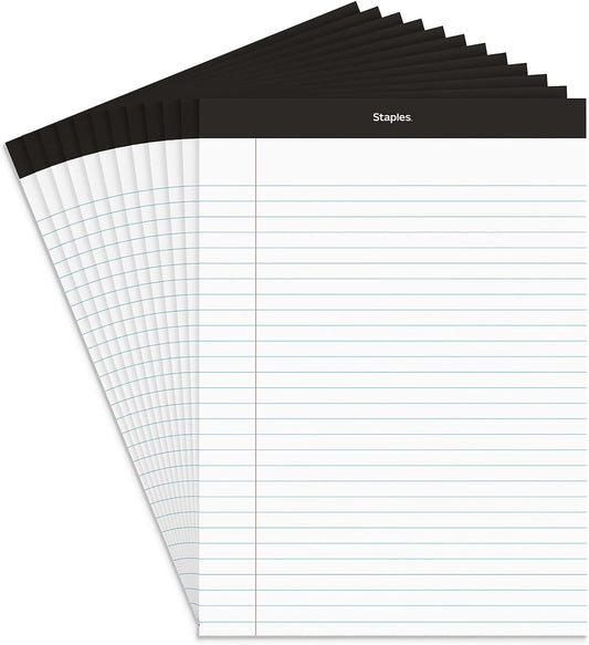Staples TRU RED Notepads, 8.5 x 11.75 Inch, Wide Ruled Legal Pads, Writing Pad for Home, Office, School, 12-Pack, White