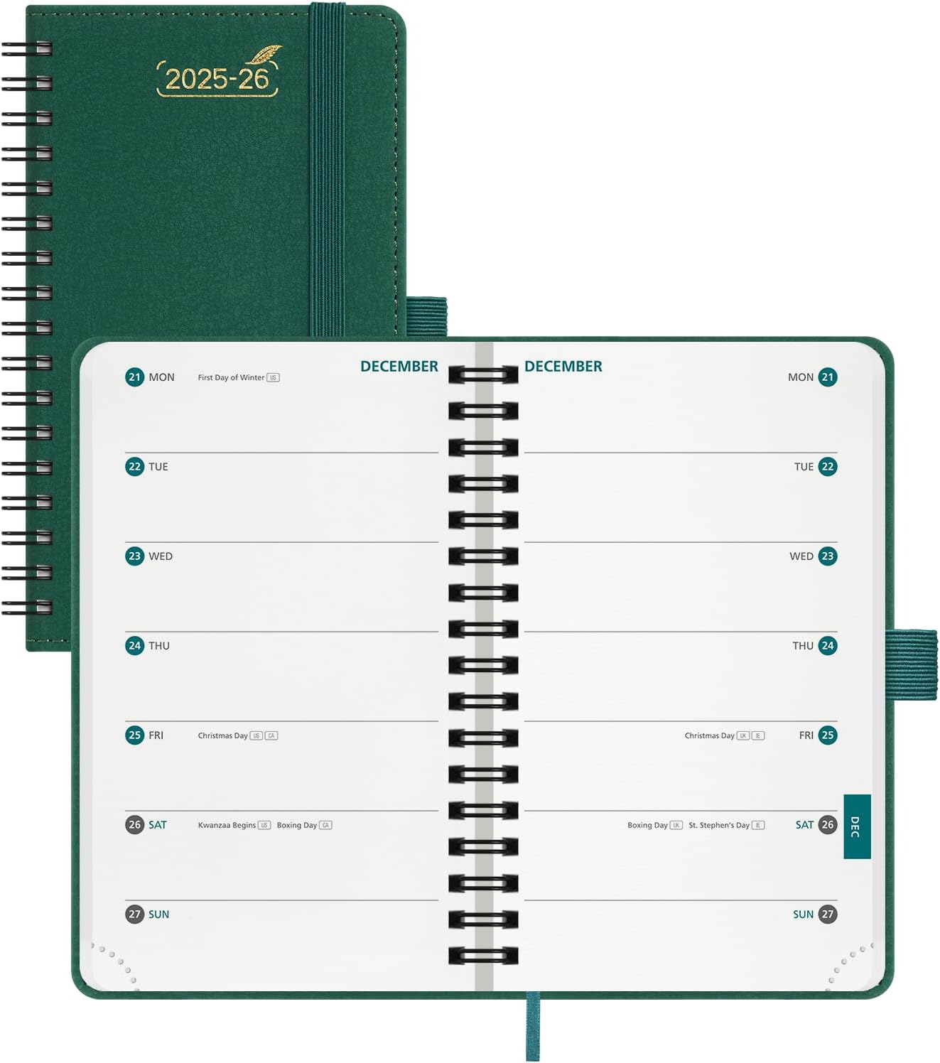 BEZEND Pocket Planner 2025-2026 Weekly with 2 Columns, 18-Month Academic Calendar (Jul 25-Dec 26), Life Work App., Storage Pocket, Pen Holder, PU Leather Softcover 3.5" x 6" Spiral - Evergreen