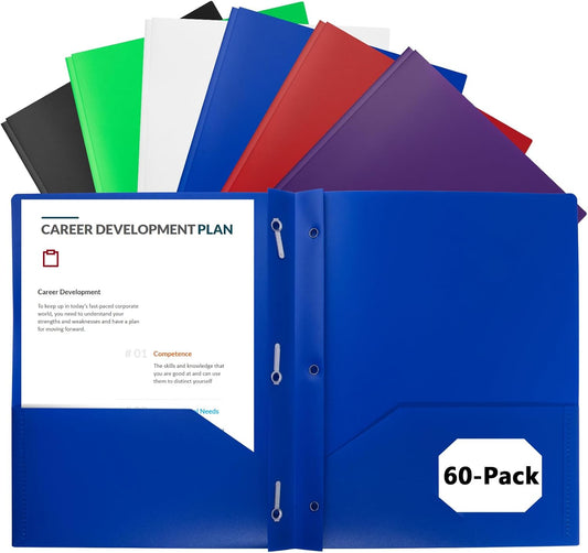60-Pack Plastic Folders with Pockets and Prongs,2-Pocket Folders with 3 Fasteners, Poly Folders Holds 8-1/2" x 11" Paper for School/Office/Home, Assorted