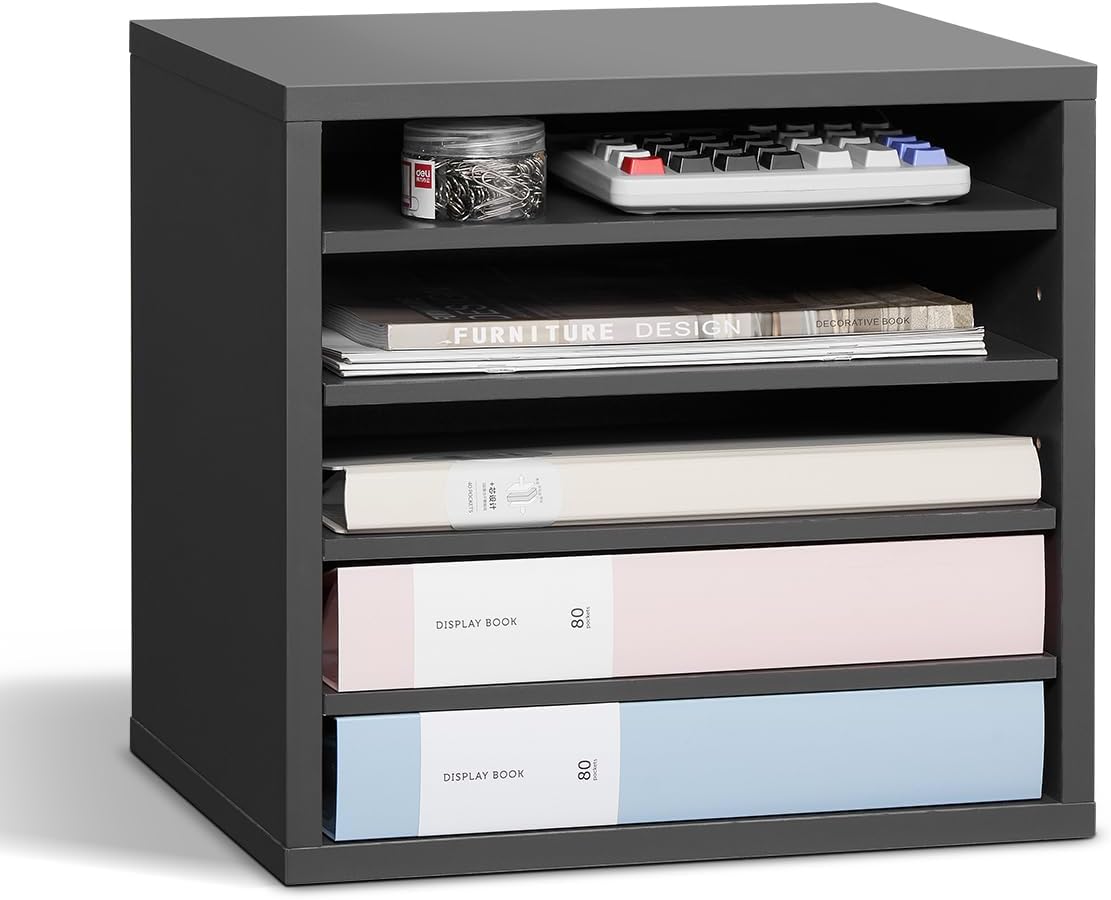 VEVOR Literature Organizer, 5 Compartments Office Mailbox with Adjustable Shelves, Wooden Mailbox Sorter Medium Density Fiberboard Office Home Classroom Storage for Files, Documents, Papers, Grey