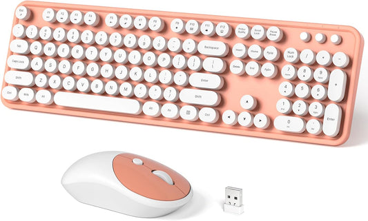 Wireless Keyboard and Mouse Combo, MOWUX Full Size Typewriter Retro Round Computer Keyboard, Mouse Wireless, Plug and Play, for Laptop, PC, Computer- Orange
