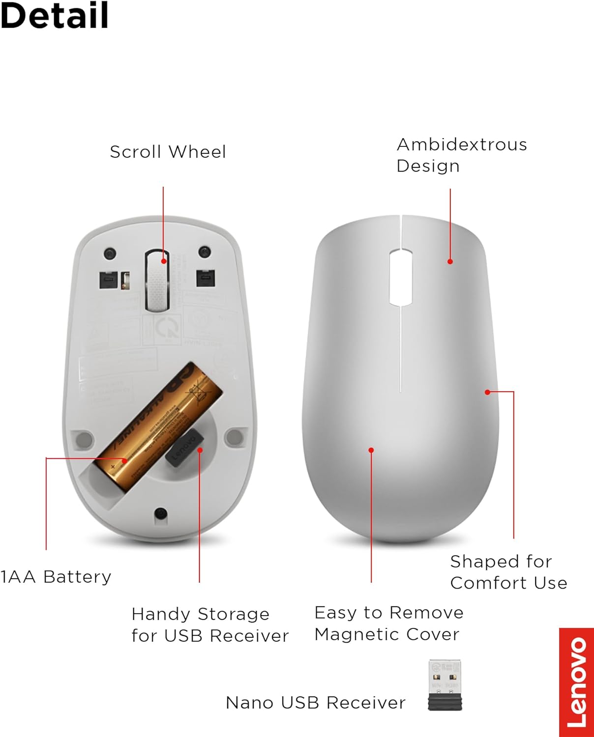 Lenovo 530 Full Size Wireless Computer Mouse for PC, Laptop, Computer with Windows - 2.4 GHz Nano USB Receiver - Ambidextrous Design - 12 Months Battery Life - Platinum Grey