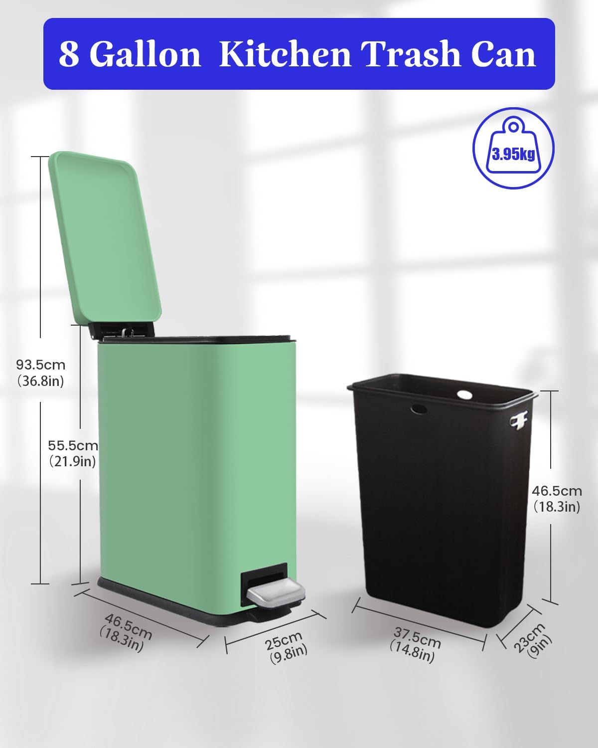 8 Gallon Slim Trash Can with Soft Close Lid, Stainless Steel Trash Can with Removal Inner Bucket, Hand -Free Trash Bin for Kitchen, Office, Laundry, Bathroom, 30 Liter Capacity, Green