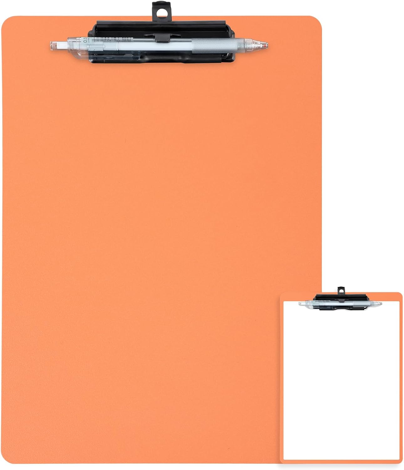 Clipboard with Pen Holder, Plastic Clipboard with Low Profile Metal Clip, Hanging Clipboards Holds 8.5x11 Inch Papers, Standard A4 Letter Size Clip Board for Office & School, Orange
