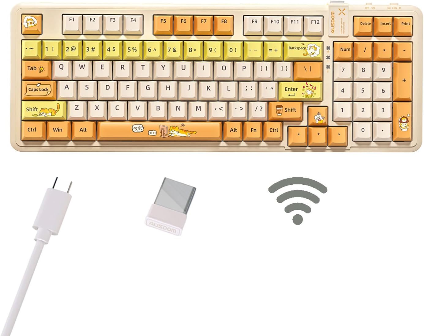 AUSDOM 98Pro Wireless Mechanical Keyboard, Tri-Mode Bluetooth/2.4GHz/USB-C Gasket Hot Swappable Custom Gaming Keyboard with Backlit, PBT Keycaps, Linear Switches, for Windows/Mac/PC (Yellow Cat Theme)