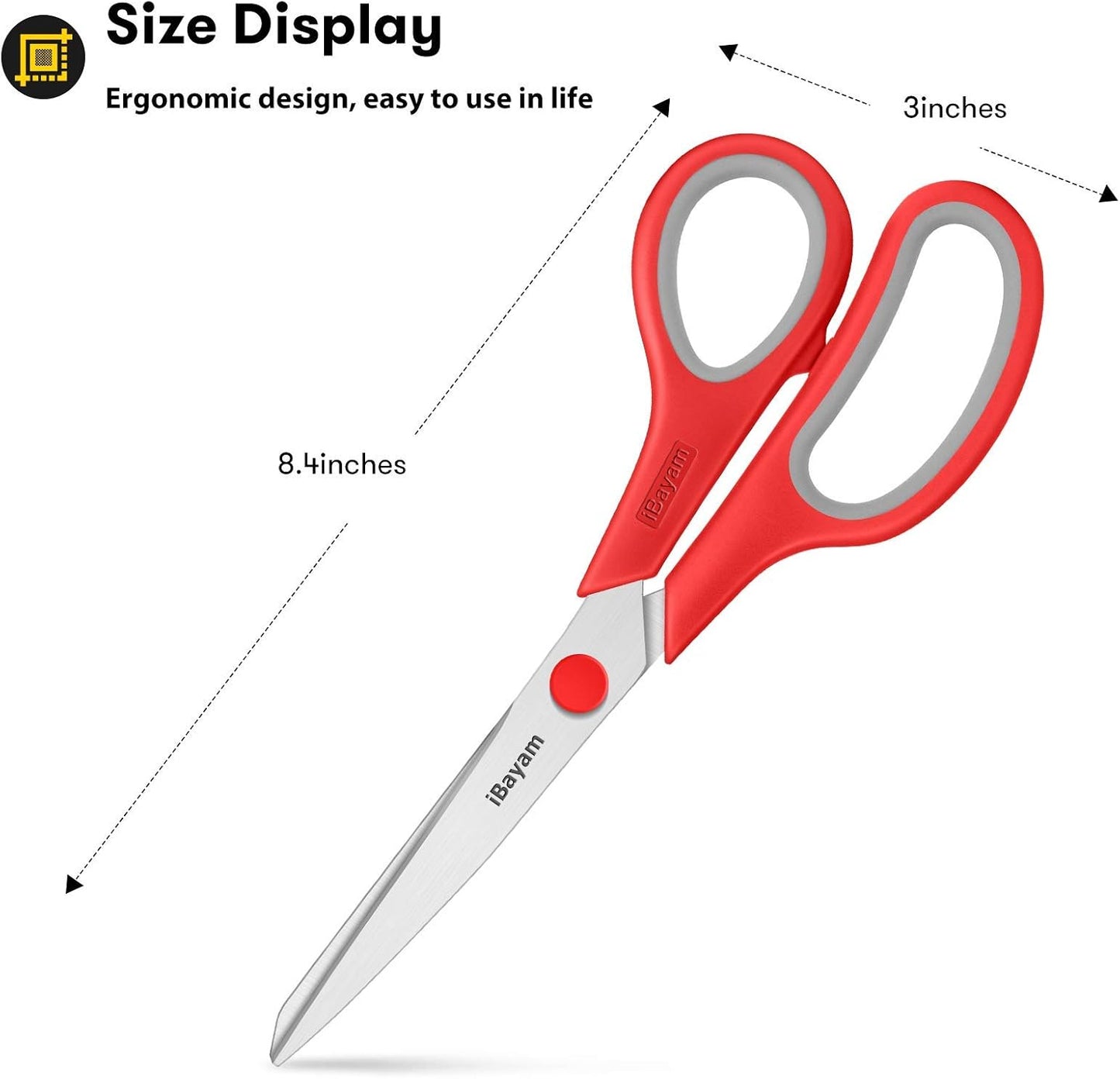 Scissors, iBayam 8" All Purpose Scissors Bulk 3-Pack, Ultra Sharp 2.5mm Thick Blade Shears Comfort-Grip for Office Desk Accessories Sewing Fabric Home Craft School Supplies, Right/Left Handed