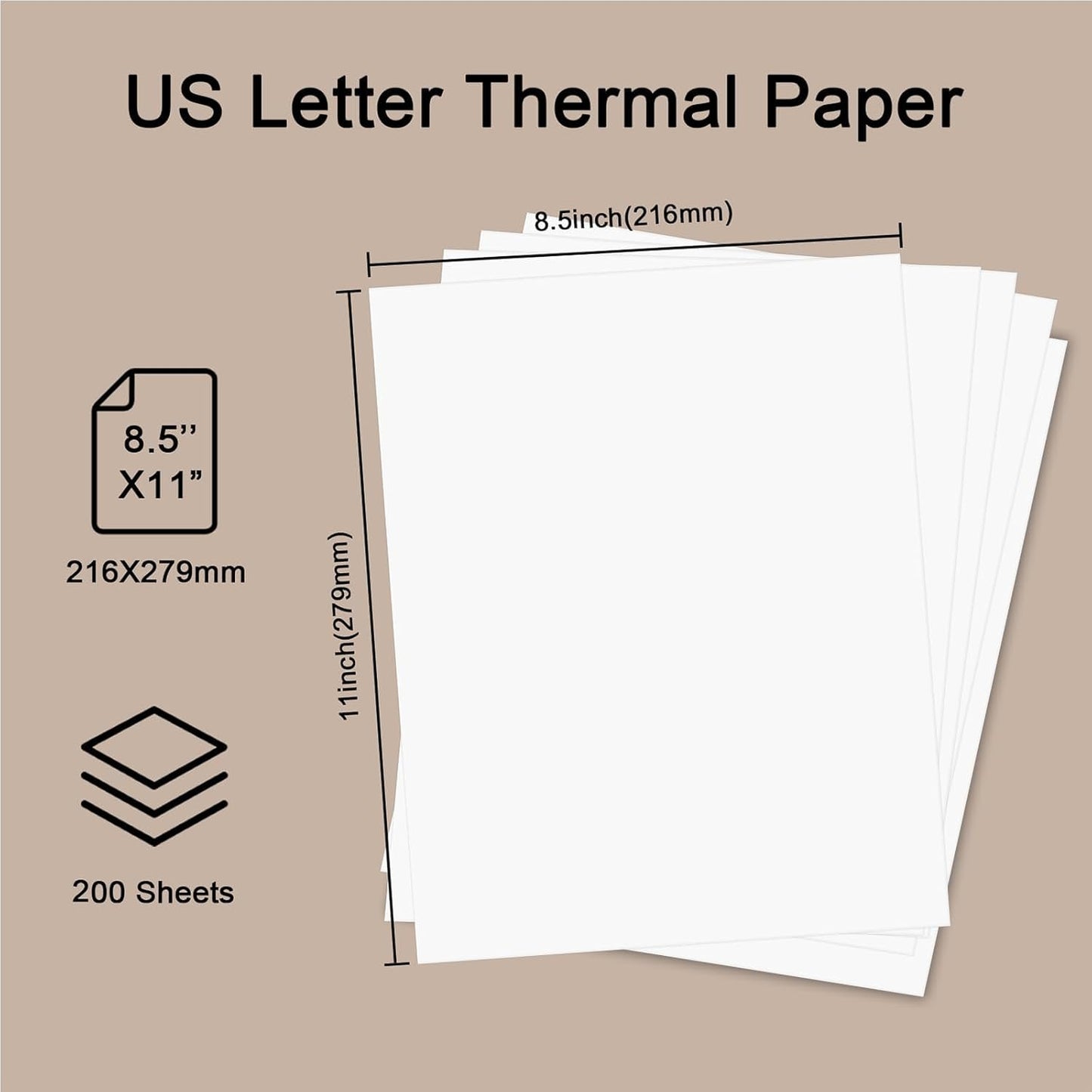 200 Sheets, Thermal Printer Paper 8.5 x 11 Inches, Single US Letter Size, Suitable with Most Thermal Portable Printer, Such M08F/A40, Quick-Drying, Waterproof(Single, Keep 3 Years)