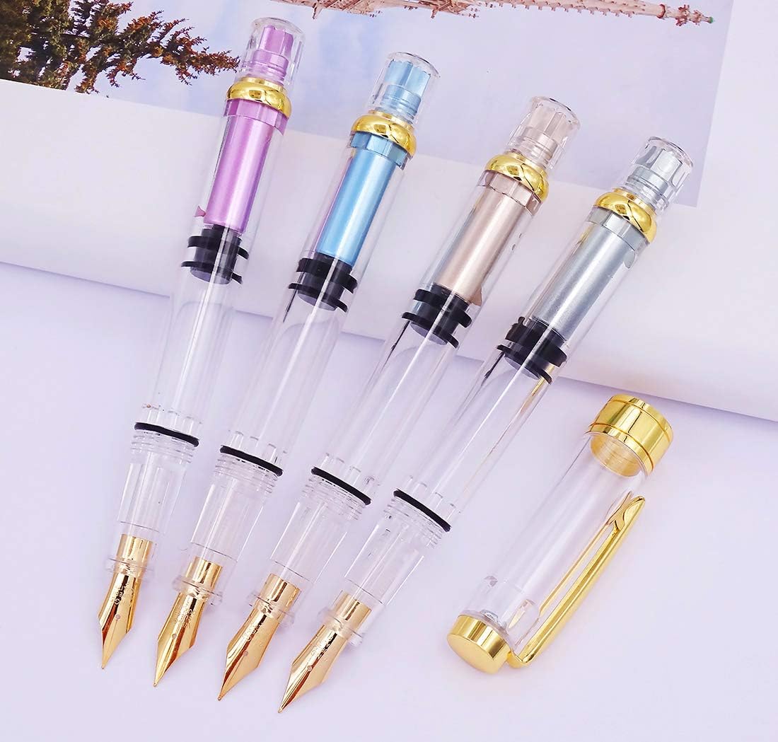 Lanxivi 4 Colors Yongsheng 3008A Fountain Pen Piston Filling Upgraded Fine Nib,Transparent Gold Trim