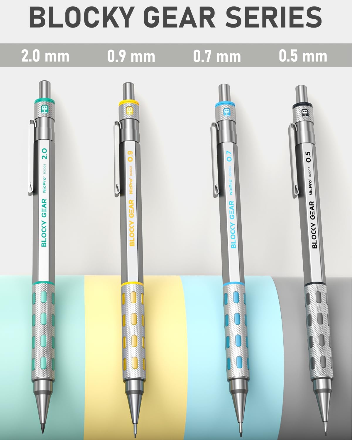 Nicpro Blocky Gear Metal Mechanical Pencil Set with Leather Case, 40PCS Art Drafting Pencil 0.5, 0.7, 0.9 & 2mm Lead Pencil with 352PCS (HB 2H 4H 2B 4B 6B Color) Lead Refills for Sketching Drawing