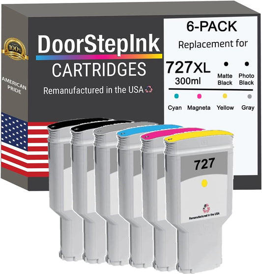 DoorStepInk Remanufactured in The USA Ink Cartridge Replacements for HP 727 300ml 6-PK B C M Y PBK G for Printers DesignJet T1500 T2500 T920 T930
