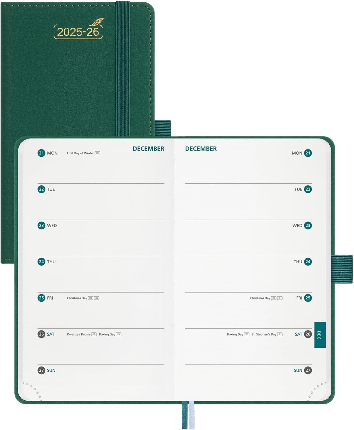 BEZEND Pocket Planner 2025-2026 Weekly with 2 Columns, 18-Month Academic Calendar (Jul 25-Dec 26), Life Work Appointment, Storage Pocket, Pen Holder, PU Leather Hardcover 3.5" x 6" - Evergreen