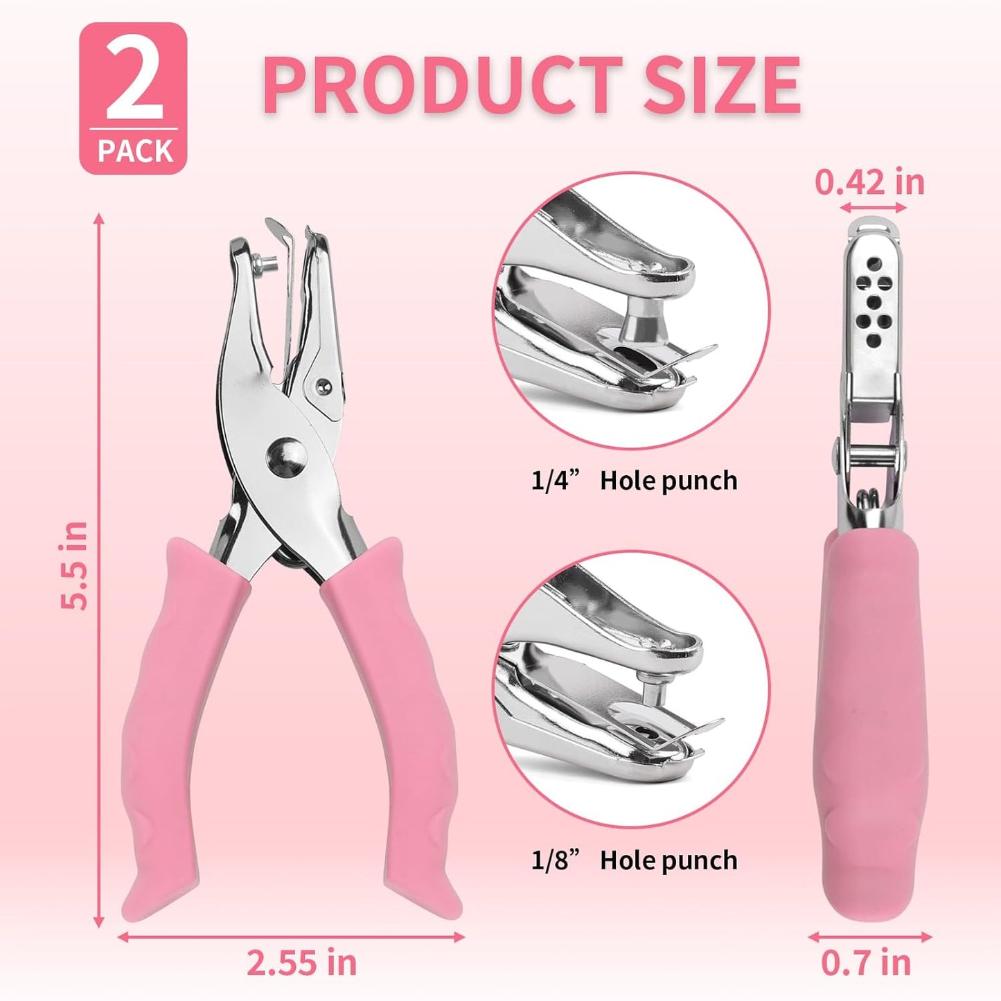 Single Hole Punch, 2 Pcs Hand Hole Puncher with Soft Grip Handle, 1/4" and 1/8" Small Hole Paper Punch for Crafts, Scrapbooks, 6 Sheets Capacity, Tags, Tickets - Pink