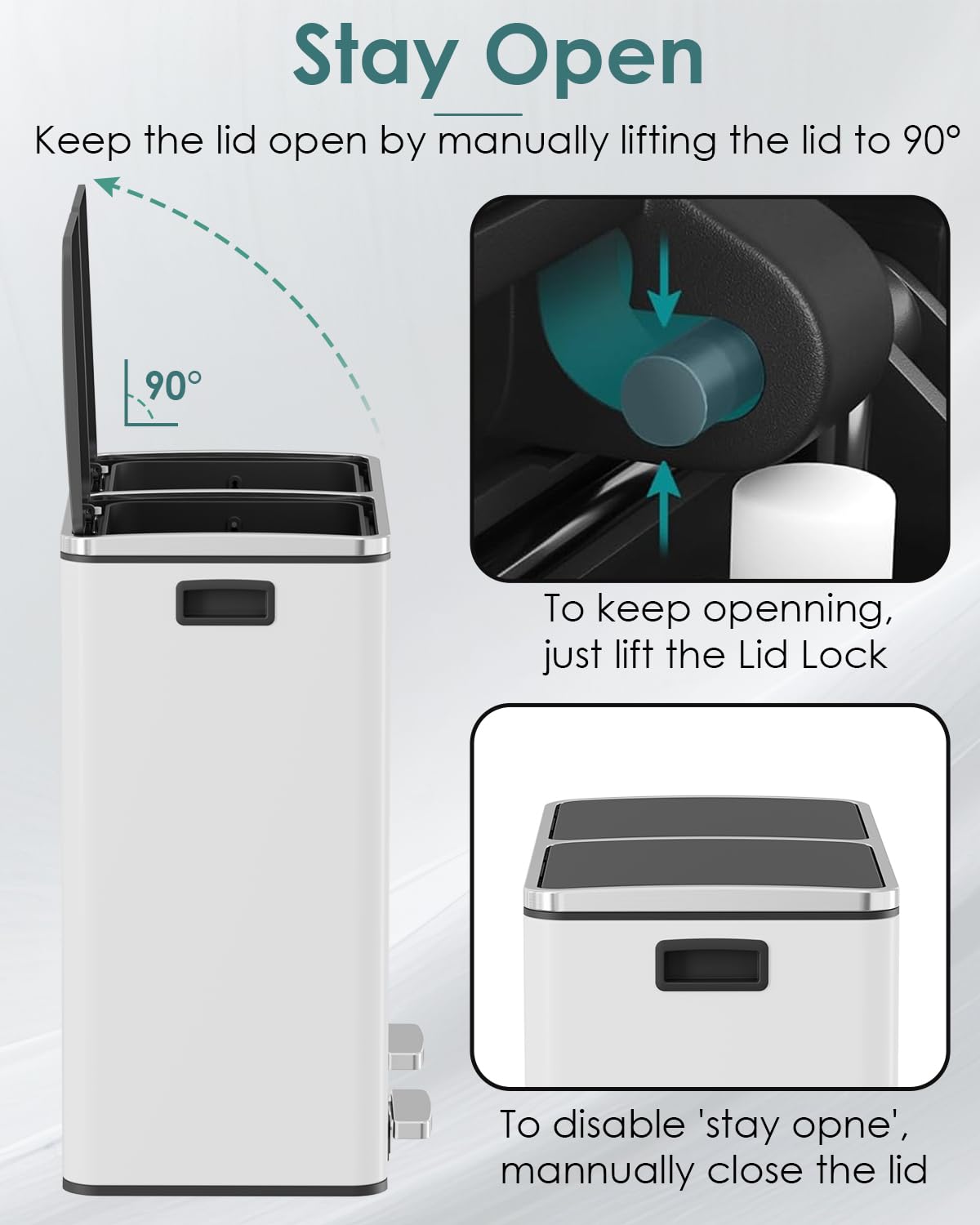 Arlopu 16 GallonStainless Steel Trash Can, 60L Dual Compartment, Metal Kitchen Step Recycle Bin, Metal Double Dustbin, in-Home Garbage Rubbish Can W/Removable Liner Buckets (White)