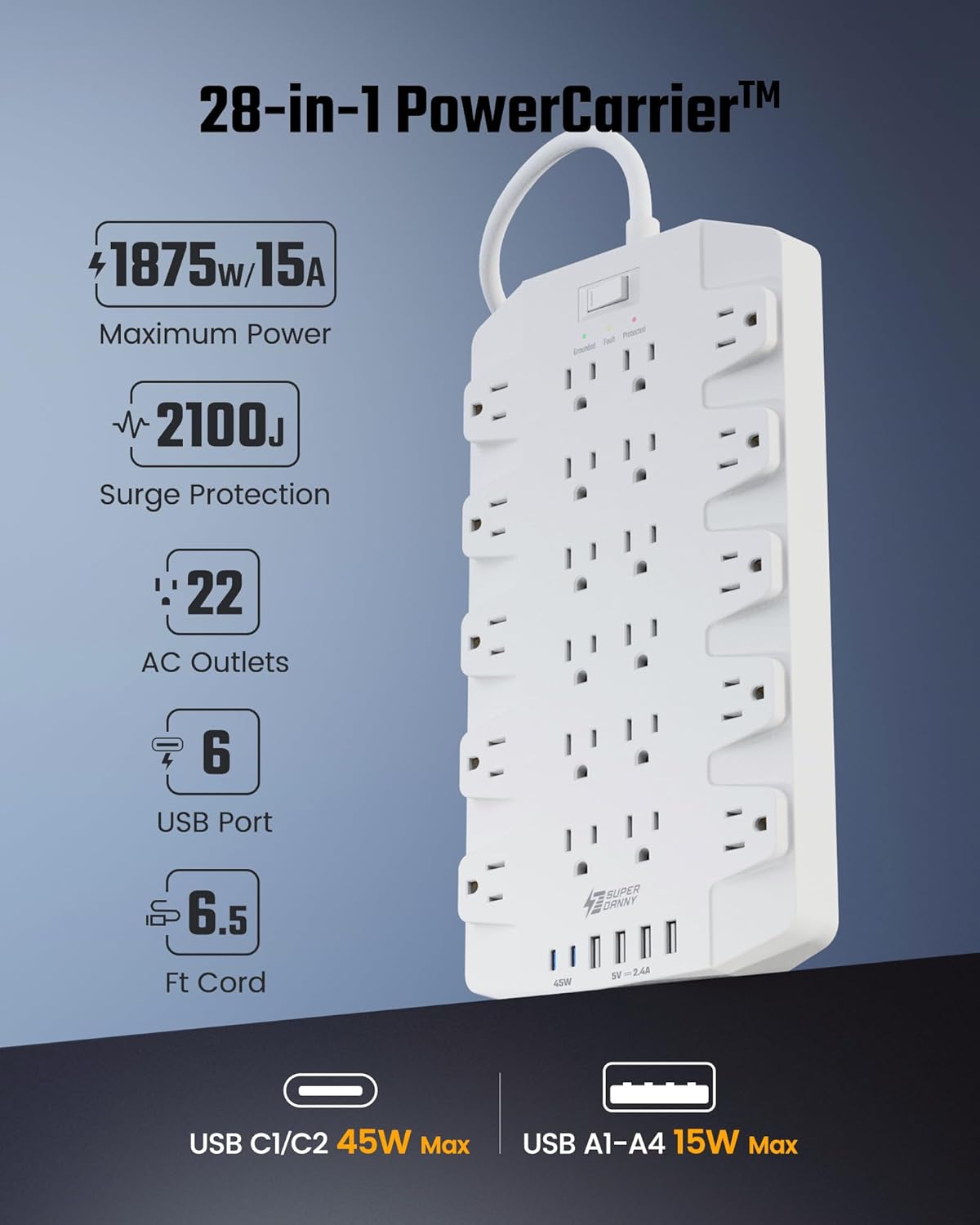 45W Power Strip Surge Protector with PD USB-C, SUPERDANNY 1875W/15A, 2100J, 6.5ft Flat Plug Mountable Extension Cord with 22 Outlet+6 USB Port, Fast Charging for Home,Office,Dorm,Gaming,PC,Streaming
