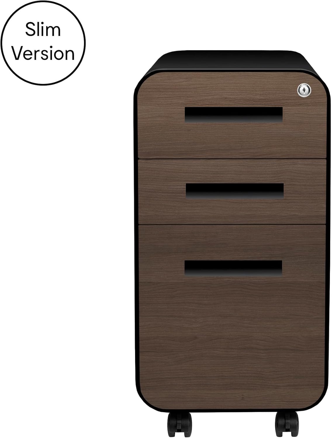 Laura Davidson Furniture Stockpile Slim 3-Drawer Mobile File Cabinet with Lock - Under Desk Metal Filing Cabinet, Legal/Letter File Folders, Wheels & Stationary Feet, Assembled, Black/Wood Faceplate