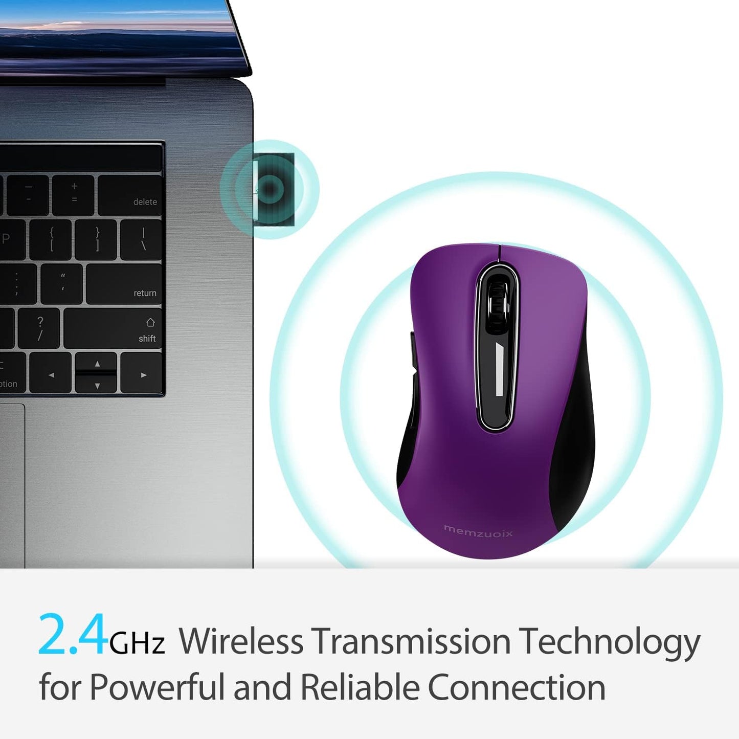 memzuoix 2.4G Wireless Mouse, 1400 DPI Computer Mice with USB Receiver, Portable Wireless USB Mouse Battery Powered Cordless Mice for Laptop, PC, Desktop, 5 Buttons, Purple