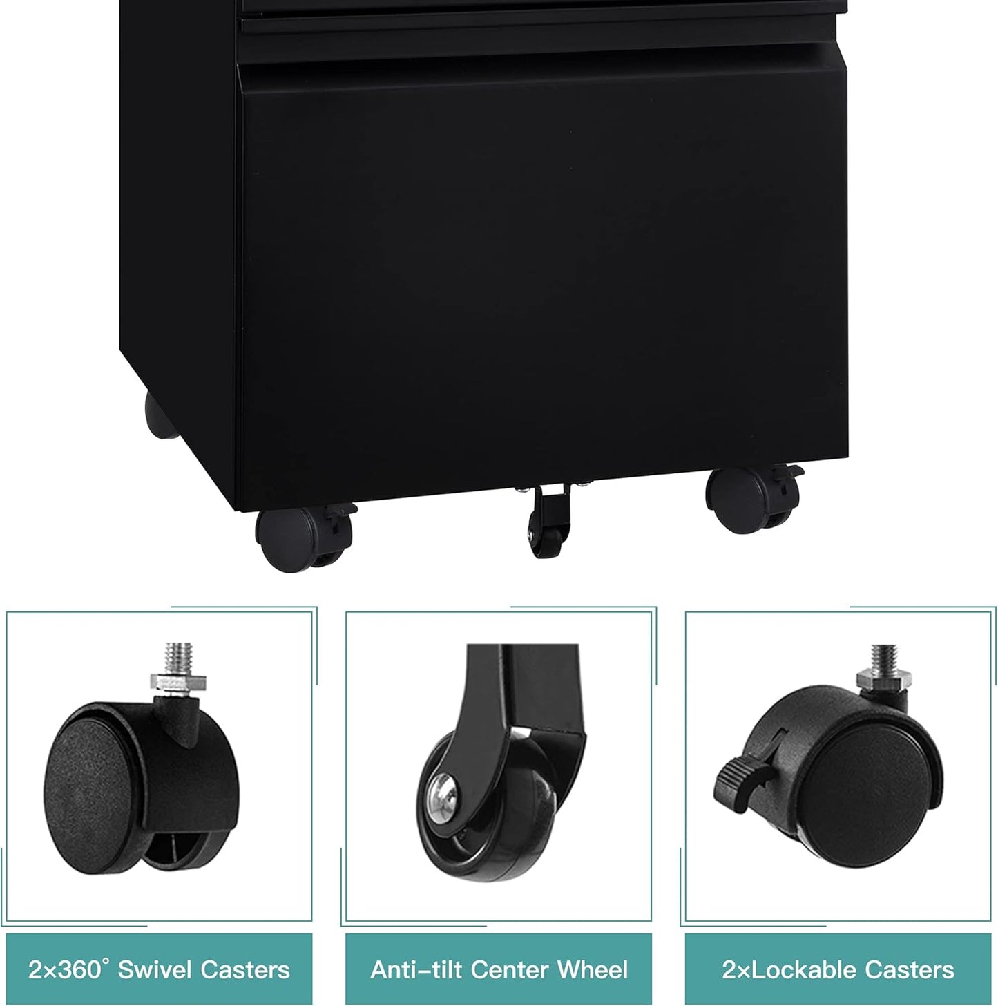 MIIIKO 3 Drawer File Cabinet, Metal Filing Cabinet with Lock Rolling Wheels, Office Storage Under Desk,Deep Drawers for Hanging Legal Letter Fill, Full Assembled Except Casters