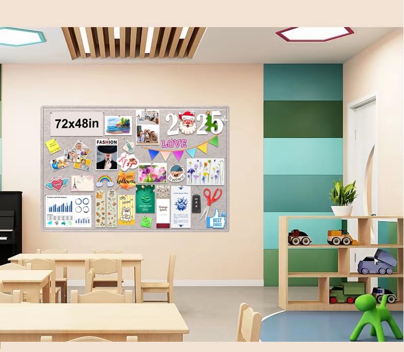 Large Bulletin Board, Foldable 72x48 Inches Cork Board Alternative, Large Felt Board Decorative Pin Board for Wall, Foldable Photo Board Self-Adhesive Vision Board with 36 Pushpins Light Khaki