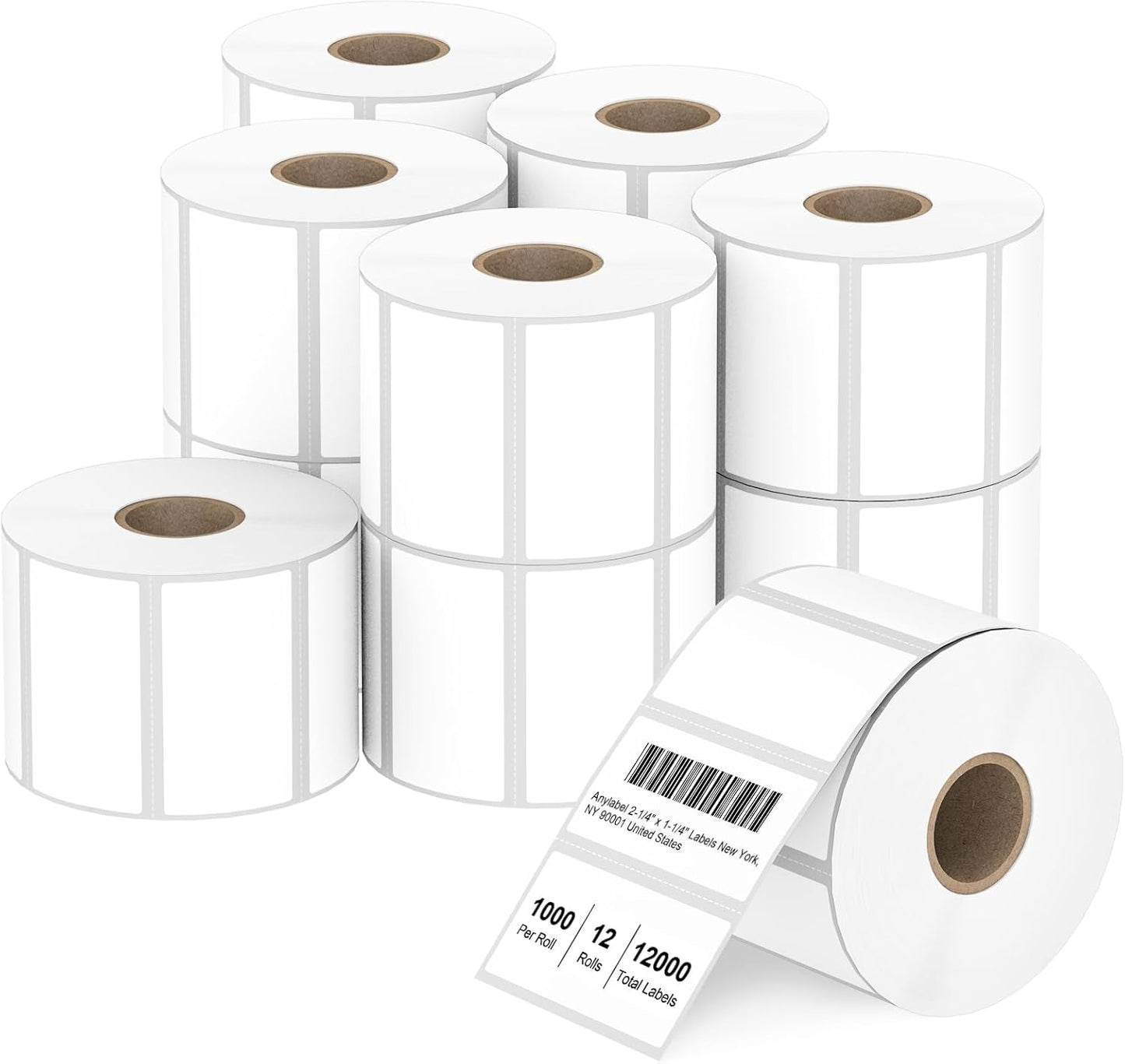 2.25" x 1.25" Direct Thermal Labels - White for Barcode Printing, Compatible With Zebra, Rollo, Munbyn Printers (12 Rolls, 1000 Labels/Roll)