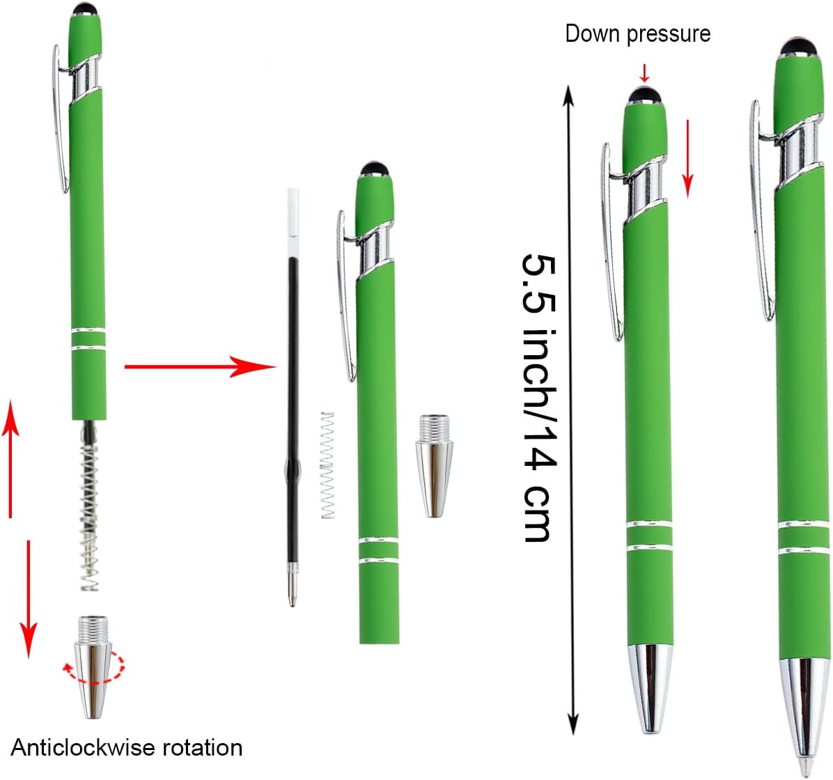 PASISIBICK 12 Pieces Green Ballpoint Pen with Stylus Tip, 2 in 1 Stylus Stylish Pen, Metal Stylus Pen for Touch Screens, Black Ink, 1.0 mm Medium Point.(12 PCS Green)