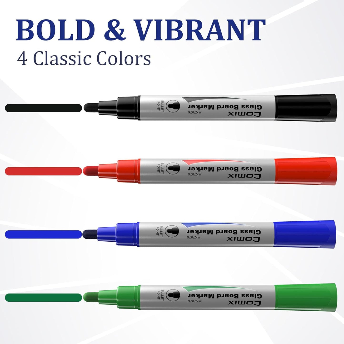 Comix Glass Board Dry Erase Markers, Low Odor Whiteboard Markers, Bullet Tip, 4 Assorted Colors, 12 Pack